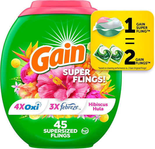 Gain Super Sized Flings Laundry Detergent Pacs with Hibiscus Hula Scent, Powerful Cleaning for Lasting Freshness, HE Compatible, 45 Count, Gain Laundry Detergent Pods