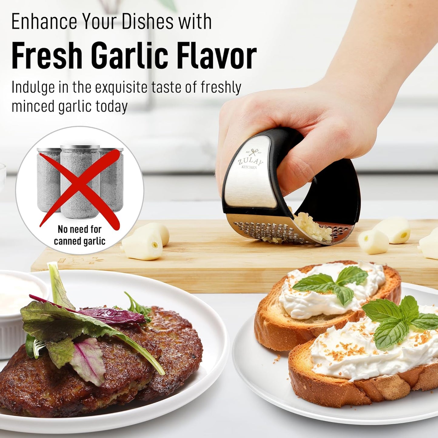 Zulay Kitchen Stainless Steel Garlic Press Rocker Set - Premium Garlic Mincer Garlic Crusher - New Innovative Garlic Crusher with Peeler and Scraper - Comfortable Grip (Black)