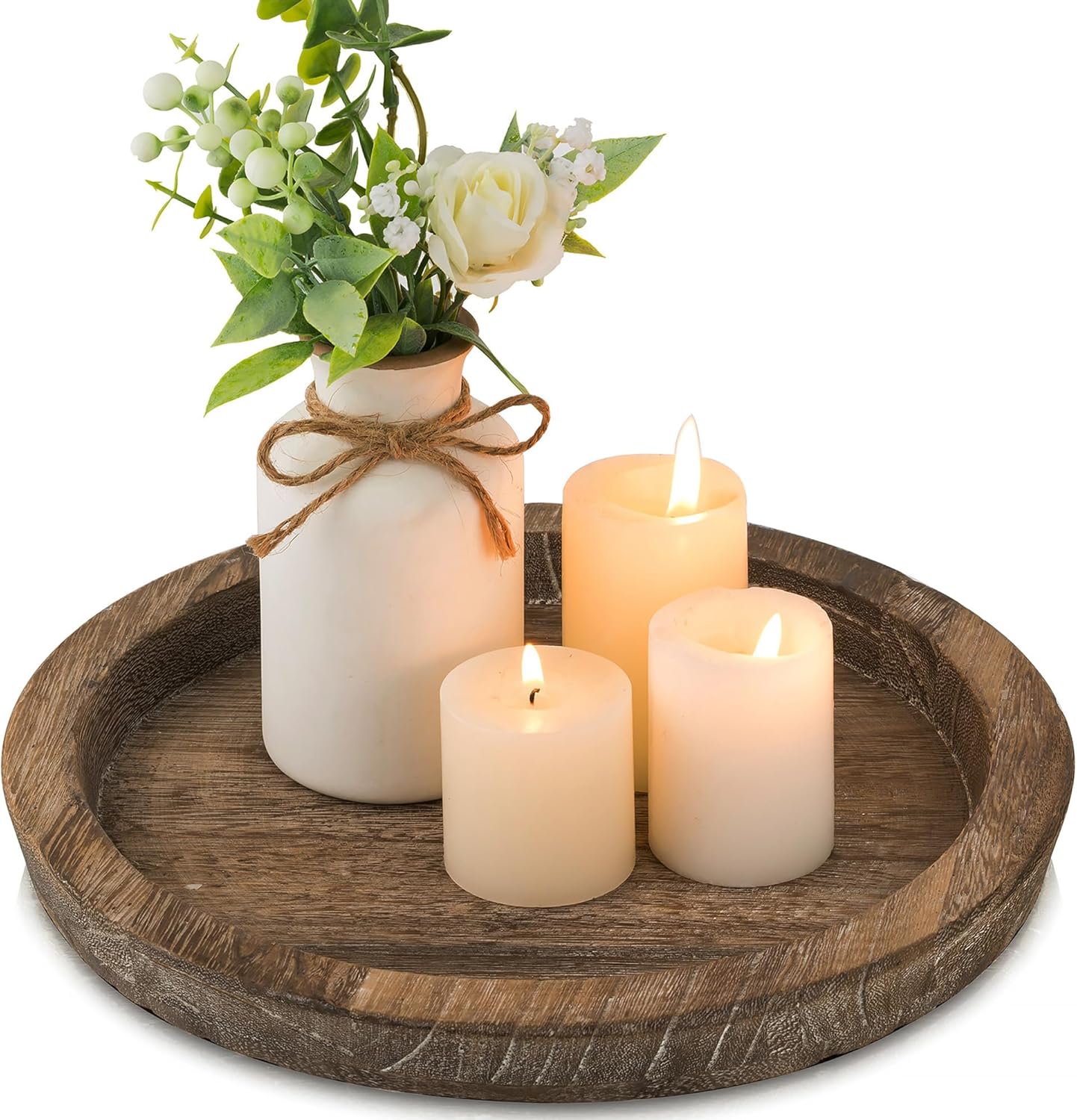 Hanobe Candle Plate Holder Tray: Round Wooden Decorative Candle Plate Small Farmhouse Table Centerpiece Rustic Wood Tealight Pillar Trays for Christmas Wedding Halloween Home Decor