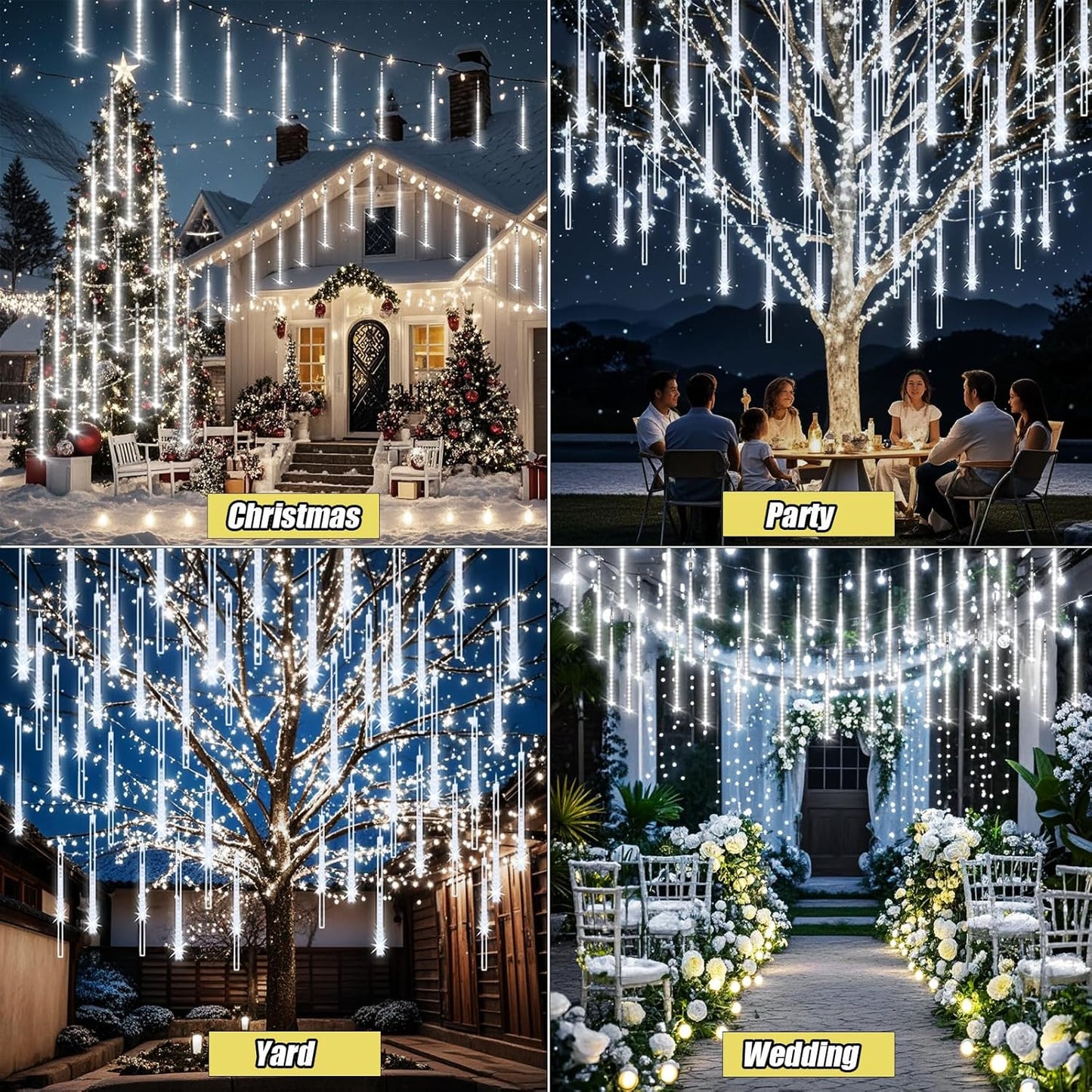 Christmas Lights Outdoor, Meteor Shower Lights 8 Tubes 192LED UL Certified Snow Falling Rain Cascading Icicle Light for Xmas Tree Christmas Decorations Outdoor Wedding Party Window, White