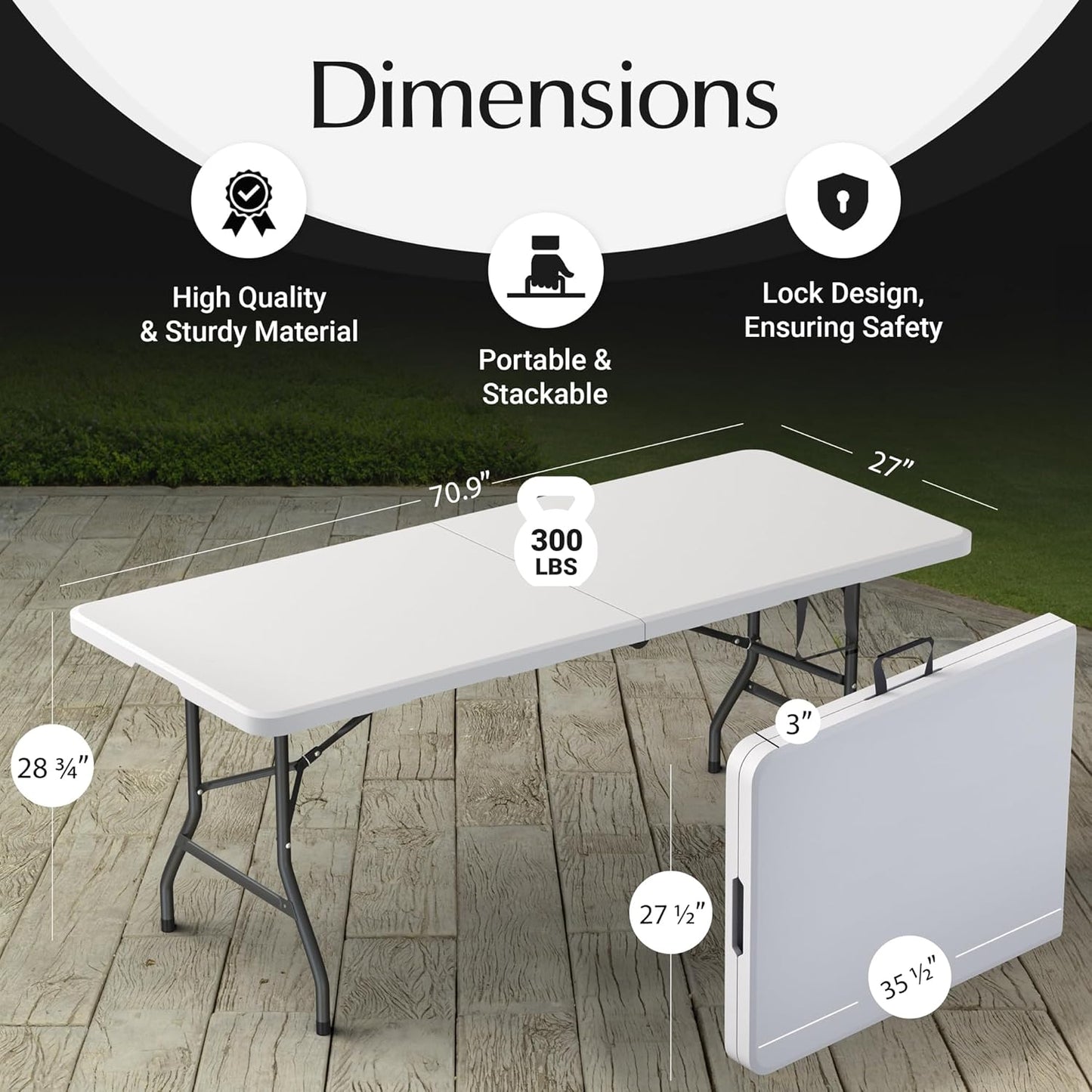 6 Feet Foldable Table with Built in Handle & Steel Legs | 6FT Heavy Duty Folding Portable | Perfect for Party, Dining, Wedding, Events, Picnic Indoor, Outdoor, Camping, Utility, Folding - 6 Foot