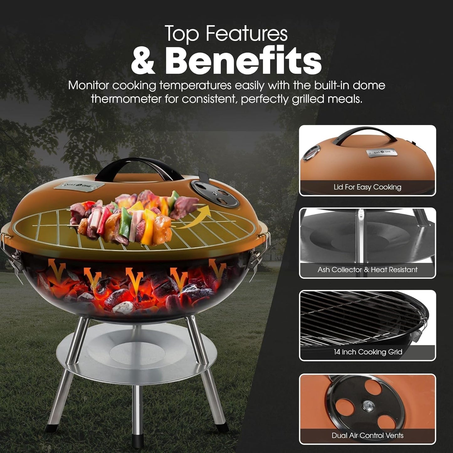 GasOne CG-14T – 14-inch Portable Barbecue Grill with 3-Point Locking Lid for Heat Preservation – Dual Venting System – Small Charcoal Grill for Backyard, Camping, Boat