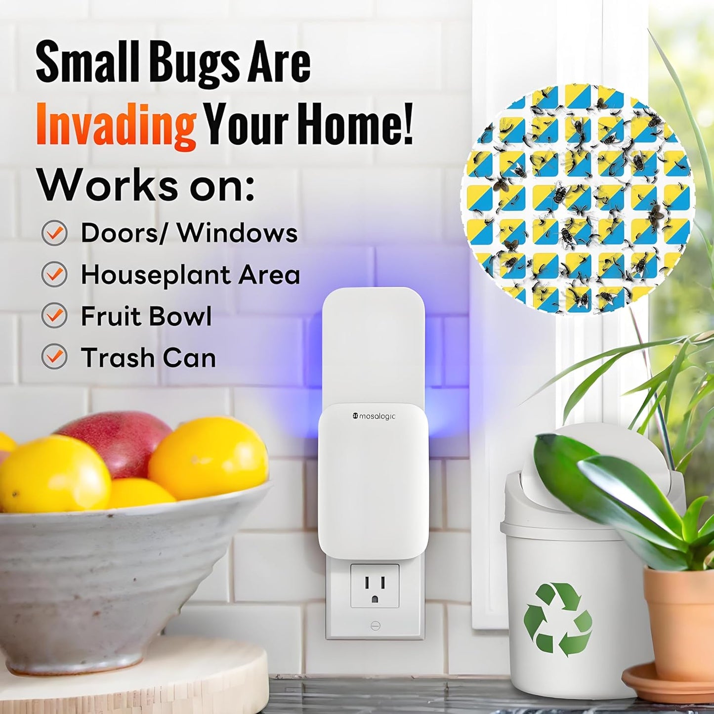 Mosalogic Fruit Fly Traps for Indoors Gnat Trap for House Indoor-600 Sqft Protection Area UV Fly Insect Trapper for Fruit Flies，Gnat，Mosquito，and Other Flying Insect Plug in Bug Killer White