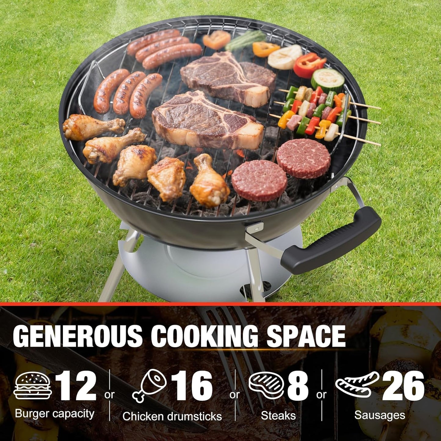 18 inch Charcoal Grill, Portable Kettle BBQ Grills, Perfect BBQ Gift, Durable & Easy to Assemble, Round Barbecue Grill with Wheels and Lid for Outdoor Cooking, Patio and Beach, Black