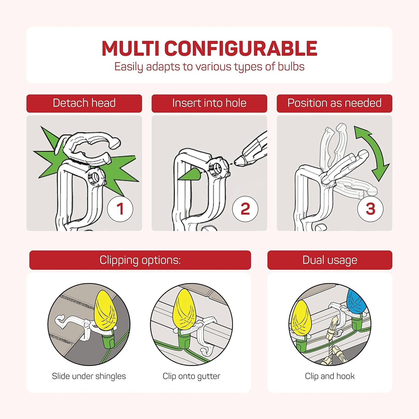 All-Purpose Holiday Light Clips [Set of 200] Christmas Clips, Outdoor Light Clips - Mount to Shingles & gutters - Works with Mini, C6, C7, C9, Rope, Icicle Lights - No Tools Required - USA Made