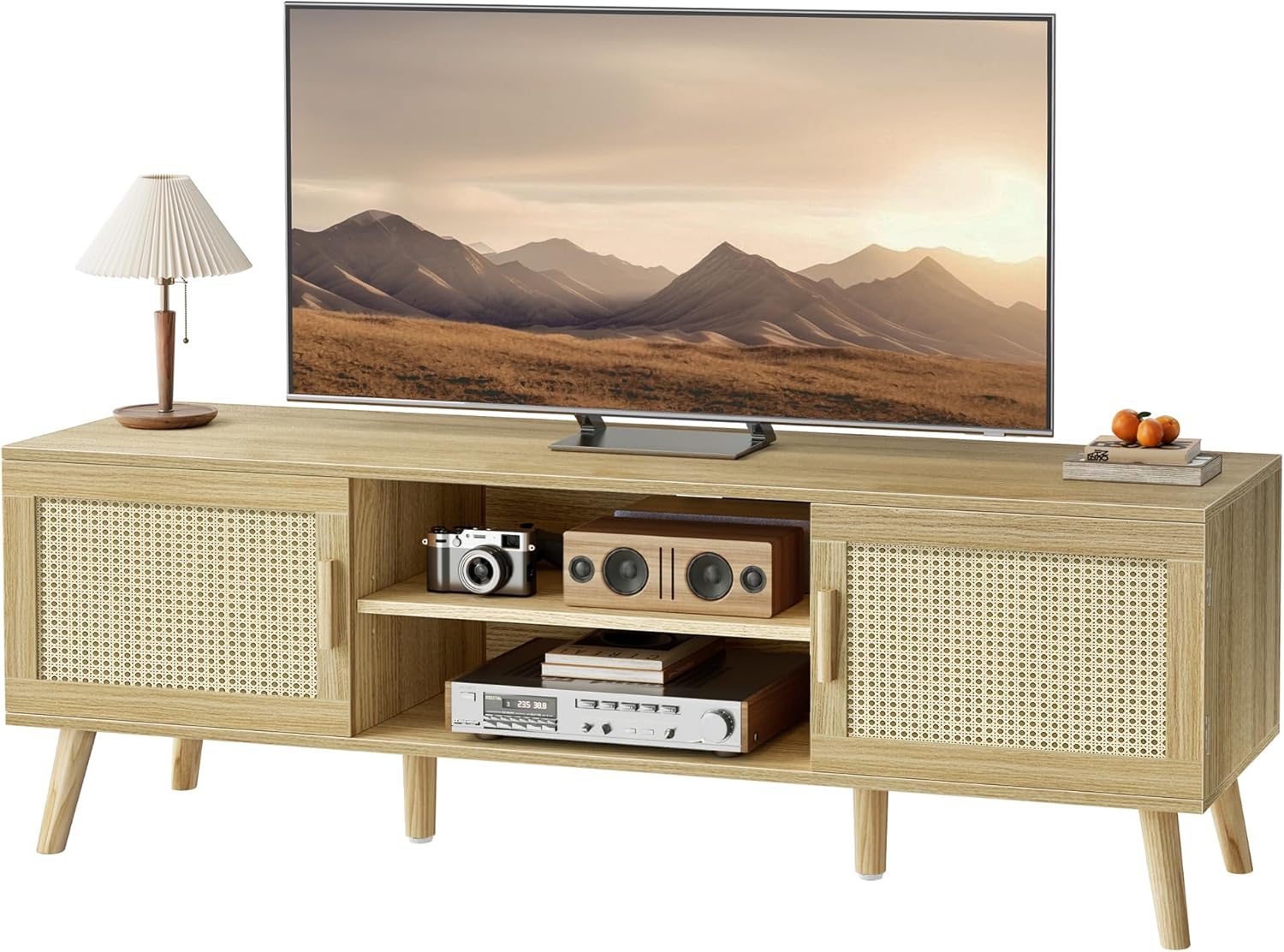 SUPERJARE Boho TV Stand for 65 Inch TV, Entertainment Center with Adjustable Shelf, Rattan TV Console with 2 Cabinets, Media Console, Solid Wood Feet, 4 Cord Holes, for Living Room - Natural, 8782T