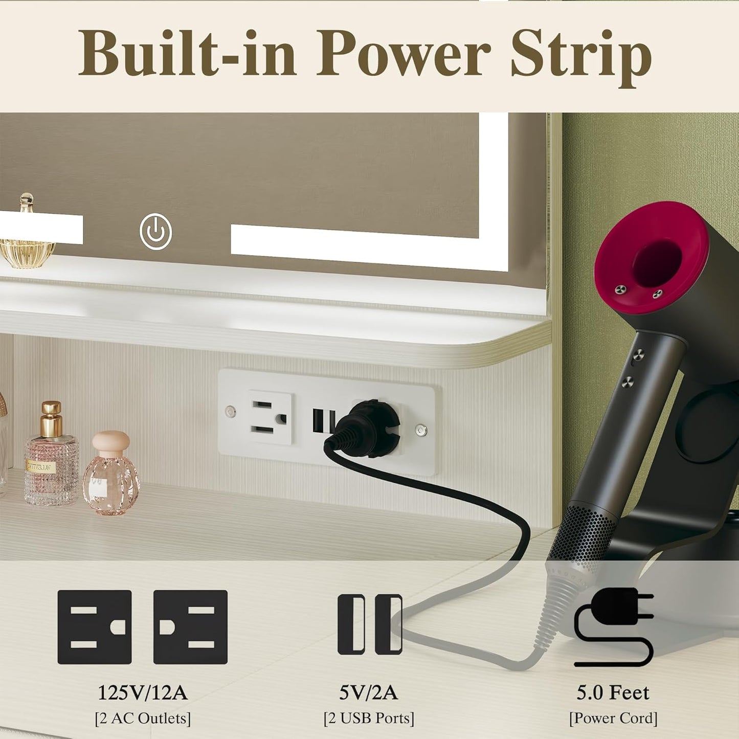 Small Vanity Desk with Mirror and Lights, Makeup Vanity with Fabric Storage Drawer, Chair and Three Shelves, White Vanity with Power Outlet and Fold-up Panel, Bedroom