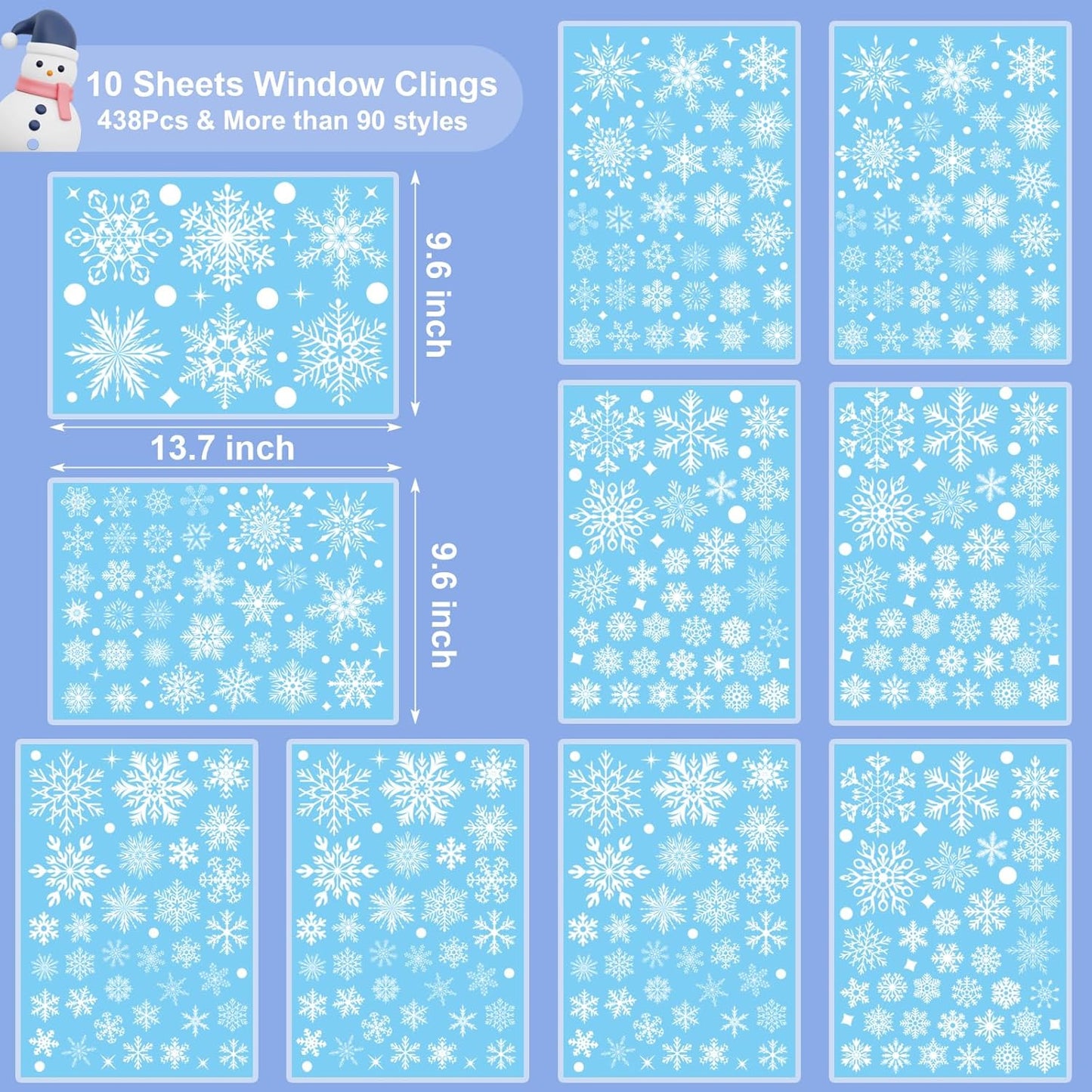 438Pcs Snowflake Window Cling Stickers for Christmas Decorations, 10 Sheets Christmas Window Clings of Different Shapes Xmas Decals for Glass Home Decor Indoor and Outdoor Party Supplies