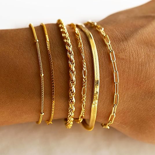 DEARMAY Gold Bracelets for Women Waterproof, 14K Gold Plated Jewelry Sets Trendy Thin Dainty Stackable Cuban Link Paperclip Chain Bracelet Pack Fashion Accessories Gifts for Womens