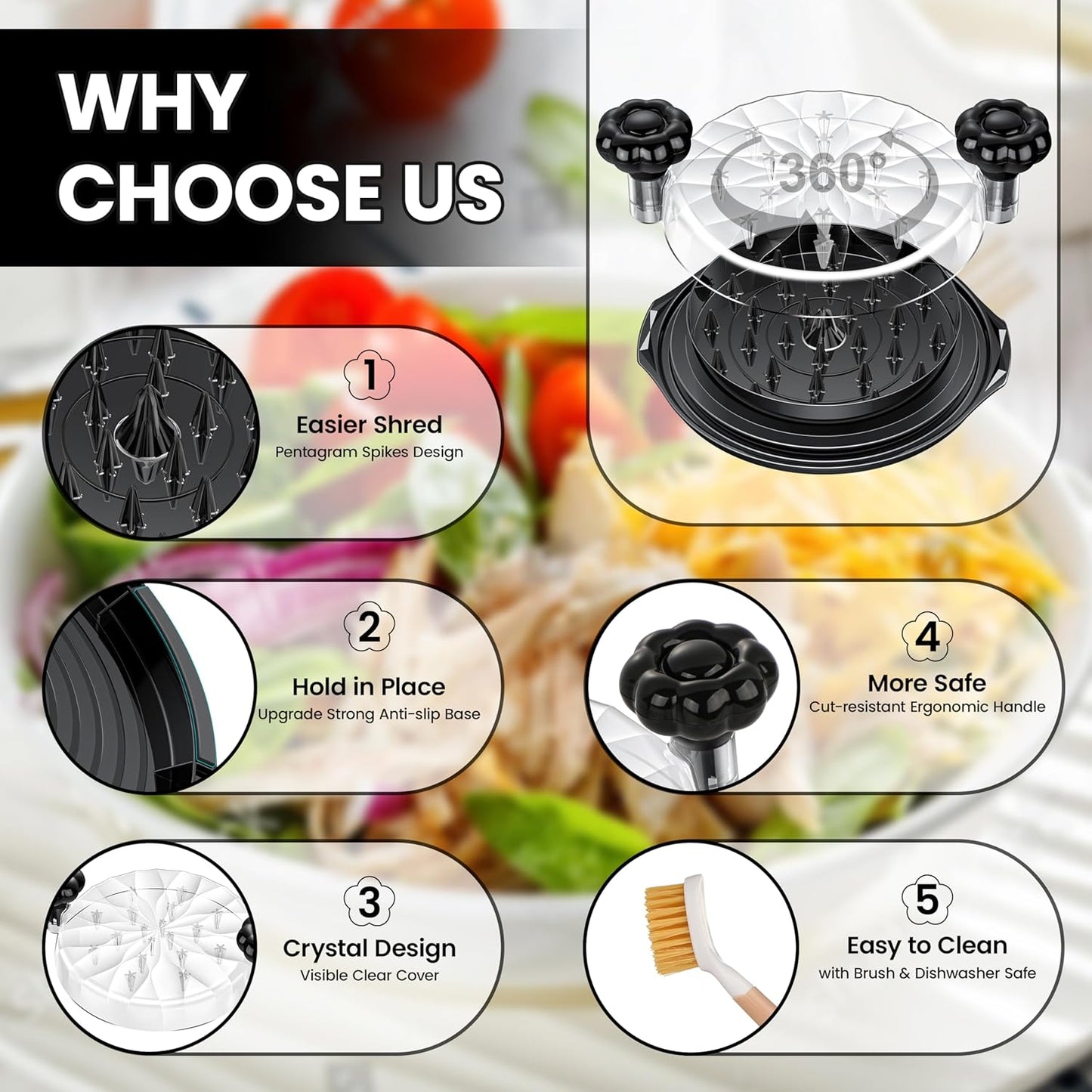 Chicken Shredder Tool Twist Large - 10'' Pro Meat Shredders for Chicken Breast, Visible Kitchen Gadgets Grinder Machine with Brush,Strong Anti-Slip Strip,Ergonomic Handle,BPA Free (Black)