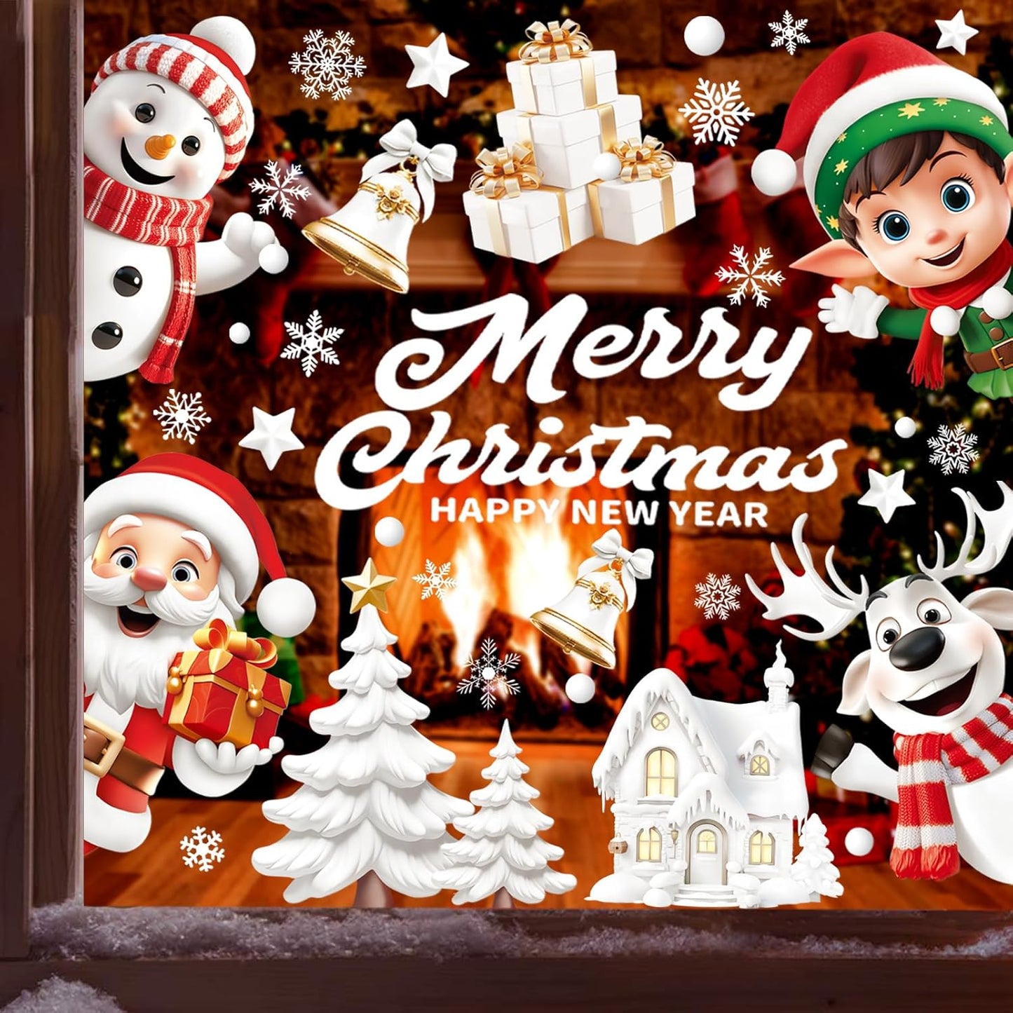 Natonhi 155pcs Christmas Window Clings for Glass, 9 Sheet Christmas Window Decorations Snowflake Santa Reindeer Snowman Stickers for Wtiner Holiday Indoor Windows Decorations Decals