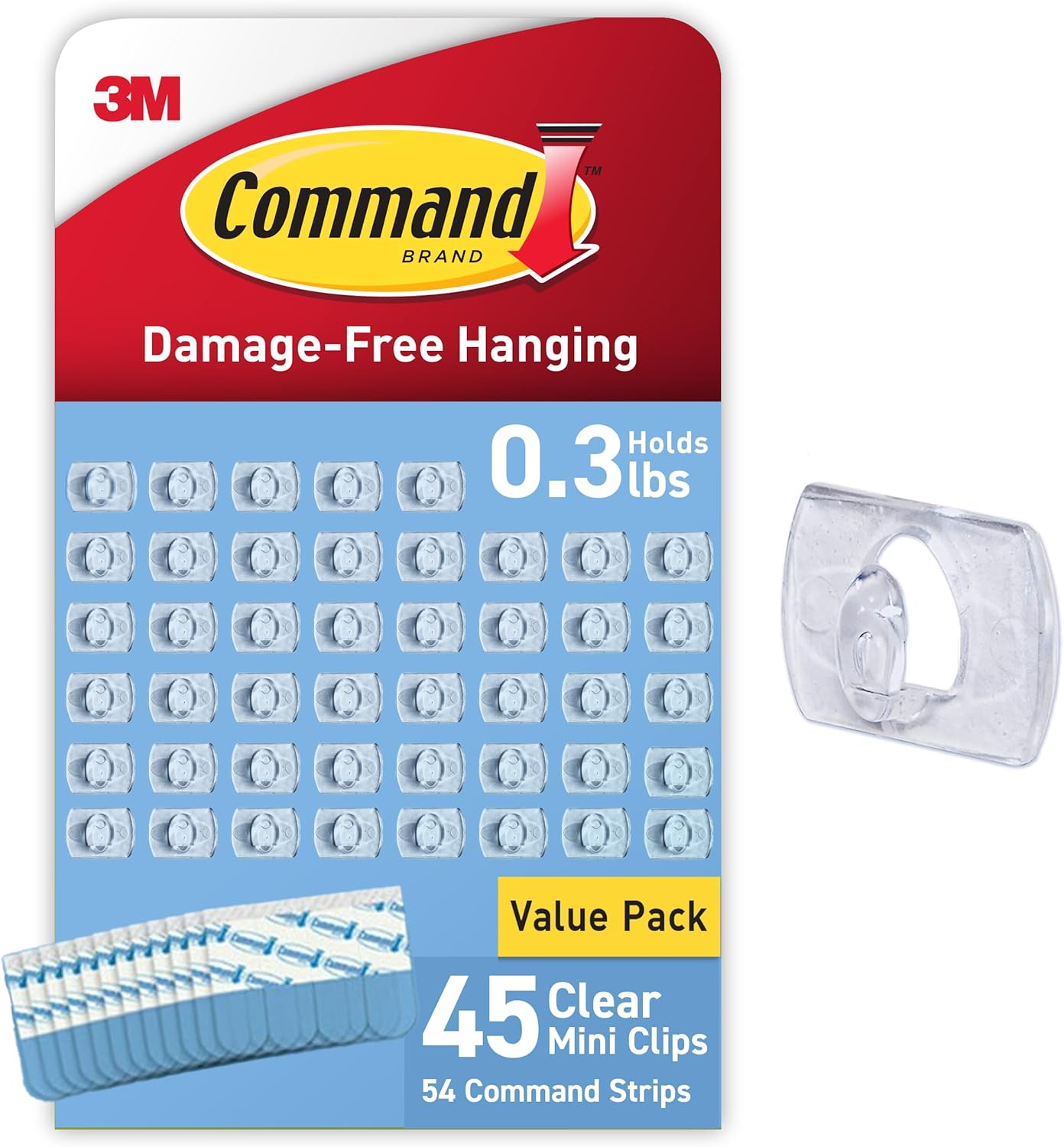 Command Indoor Mini Light Clips, Damage Free Hanging Christmas Light Clips, Mini Wall Clips for Hanging Indoor Christmas Decorations, Lights and Cables, 45 Clear Clips and 54 Command Strips