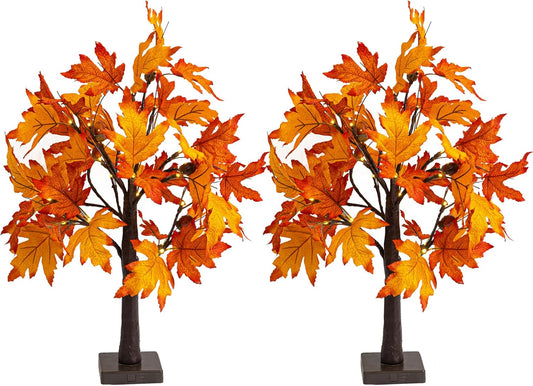 Dazzle Bright 2 Pack 24 Inch Lighted Thanksgiving Fall Maple Tree Decor, 24 LED Battery Operated Decorations Artificial Tree with Timer for Indoor Home Room Holiday Xmas Party