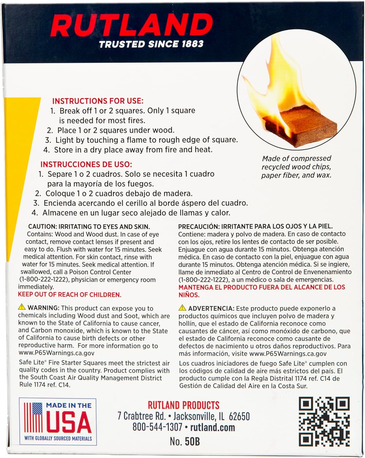 Rutland Safe Lite Fire Starter Squares - Heavy Charcoal Starters for Fireplace, Grill Pit, BBQ & Campfires - USA-Made Camping Accessories - Odorless Long Burn - 4.6 Lbs, 144 Squares