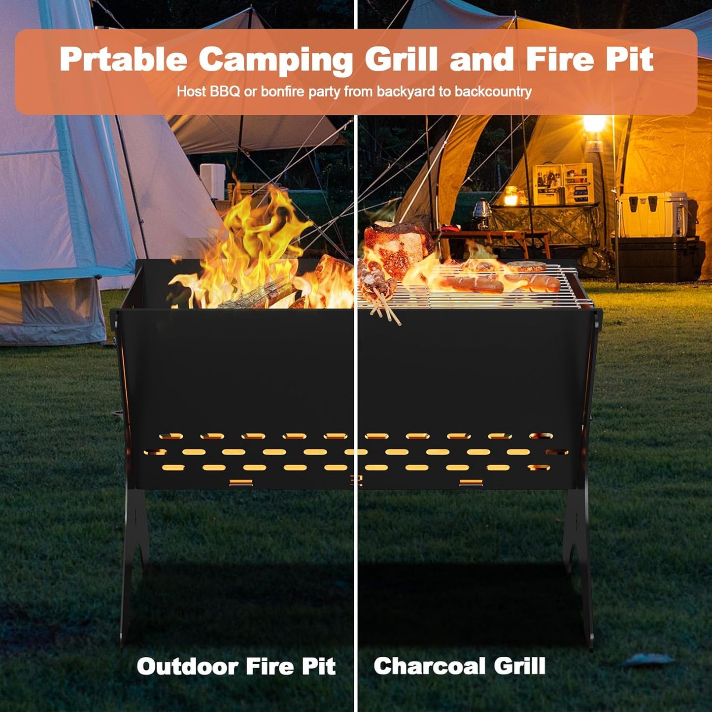 Camping Campfire Grill, 16"Lx12"D Portable Folding Charcoal Grills, Backpacking BBQ Grill with Carry Bag, Outdoor Fire pit for Camping, Picnic, Bonfire, Patio, Backyard