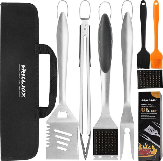 grilljoy 8PCS BBQ Grill Tools Set with Extra Thick Stainless Steel Spatula, Fork, Tongs & Cleaning Brush - Complete Barbecue Accessories Kit with Portable Bag - Perfect Grill Gifts for Men Black