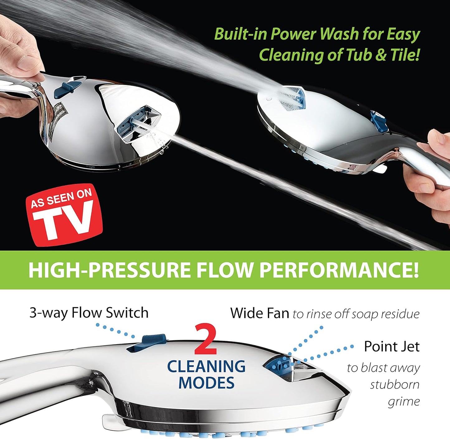 AquaCare High Pressure 8-mode Handheld Shower Head - Anti-clog Nozzles, Built-in Power Wash to Clean Tub, Tile & Pets, Extra Long 6 ft. Stainless Steel Hose, Wall & Overhead Brackets