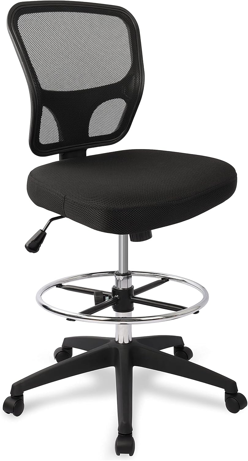 Armless Drafting Chair Tall Office Chair Adjustable Height High Back Ergonomic Desk Chair Drafting Stool Rolling Bar Stools Chairs with Footrest and Wheels