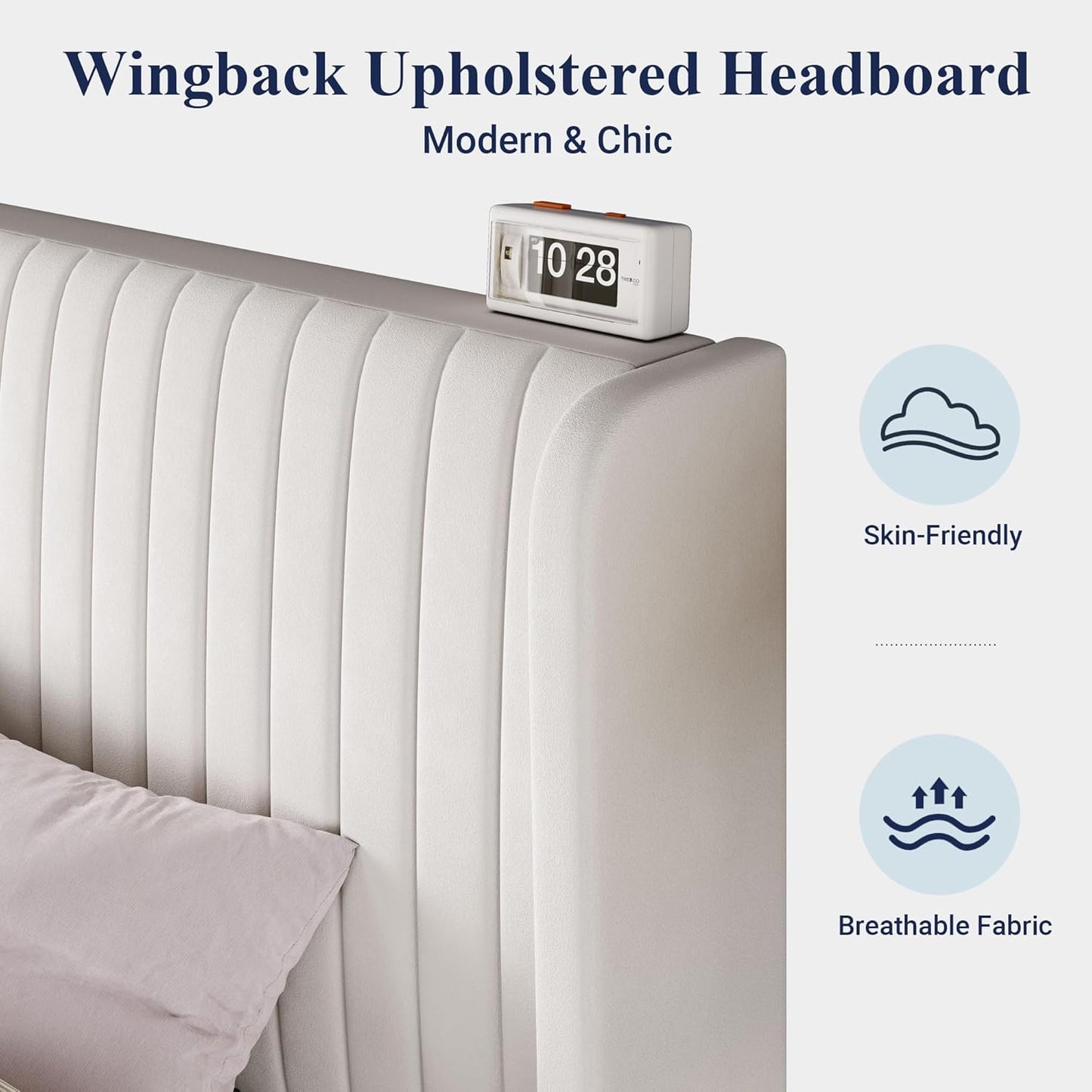 Allewie Full Size Velvet Bed Frame/Vertical Channel Tufted Wingback Headboard/Upholstered Platform Bed/Strong Wooden Slats/No Box Spring Needed/Easy Assembly/White