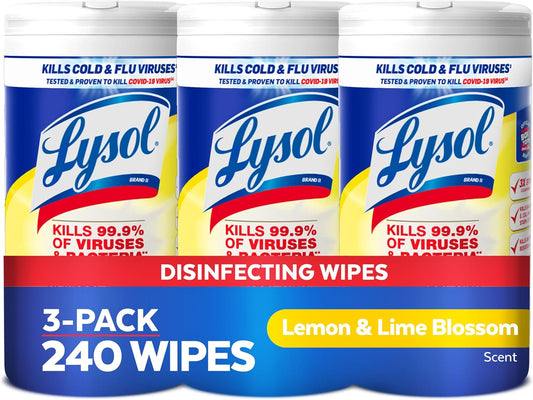 Lysol Disinfectant Wipes, Multi-Surface Antibacterial Cleaning Wipes, For Disinfecting and Cleaning, Lemon and Lime Blossom, 80 Count (Pack of 3)