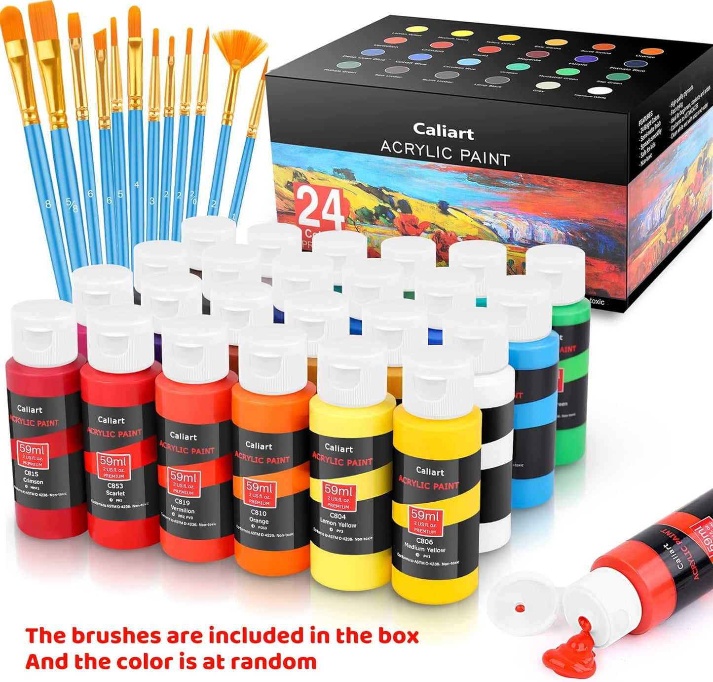 Caliart 24 Colors Acrylic Paint Set with 12 Brushes, Art Craft Paints Gifts Trendy Stuff for Adults Artists, Halloween Pumpkin Canvas Ceramic Rock Eggs Painting Kit Art Supplies