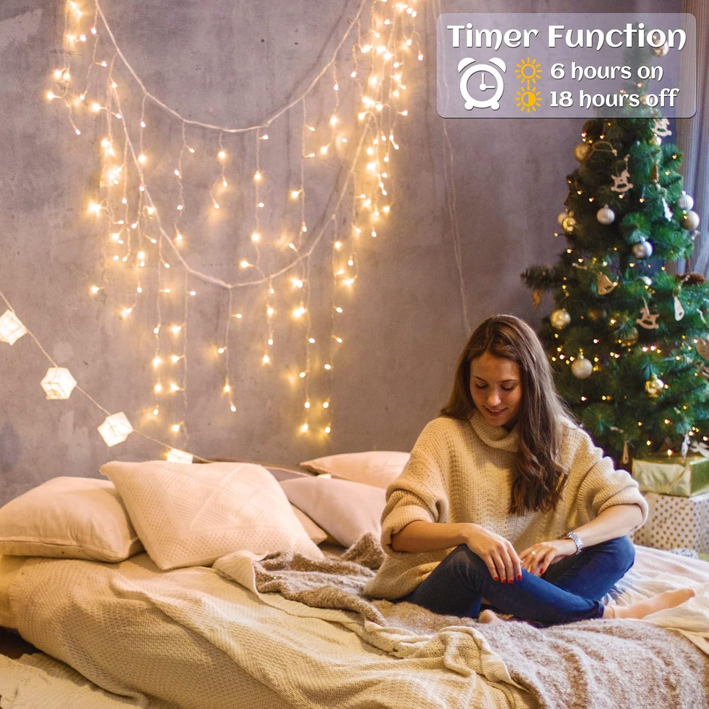 Icicle lights Outdoor - 33ft Christmas Lights with 400LED 75 Drops 8 Modes, Plug in Curtain String Lights Waterproof for Holiday Wedding Party Home Garden Bedroom Indoor Decoration, Warm White