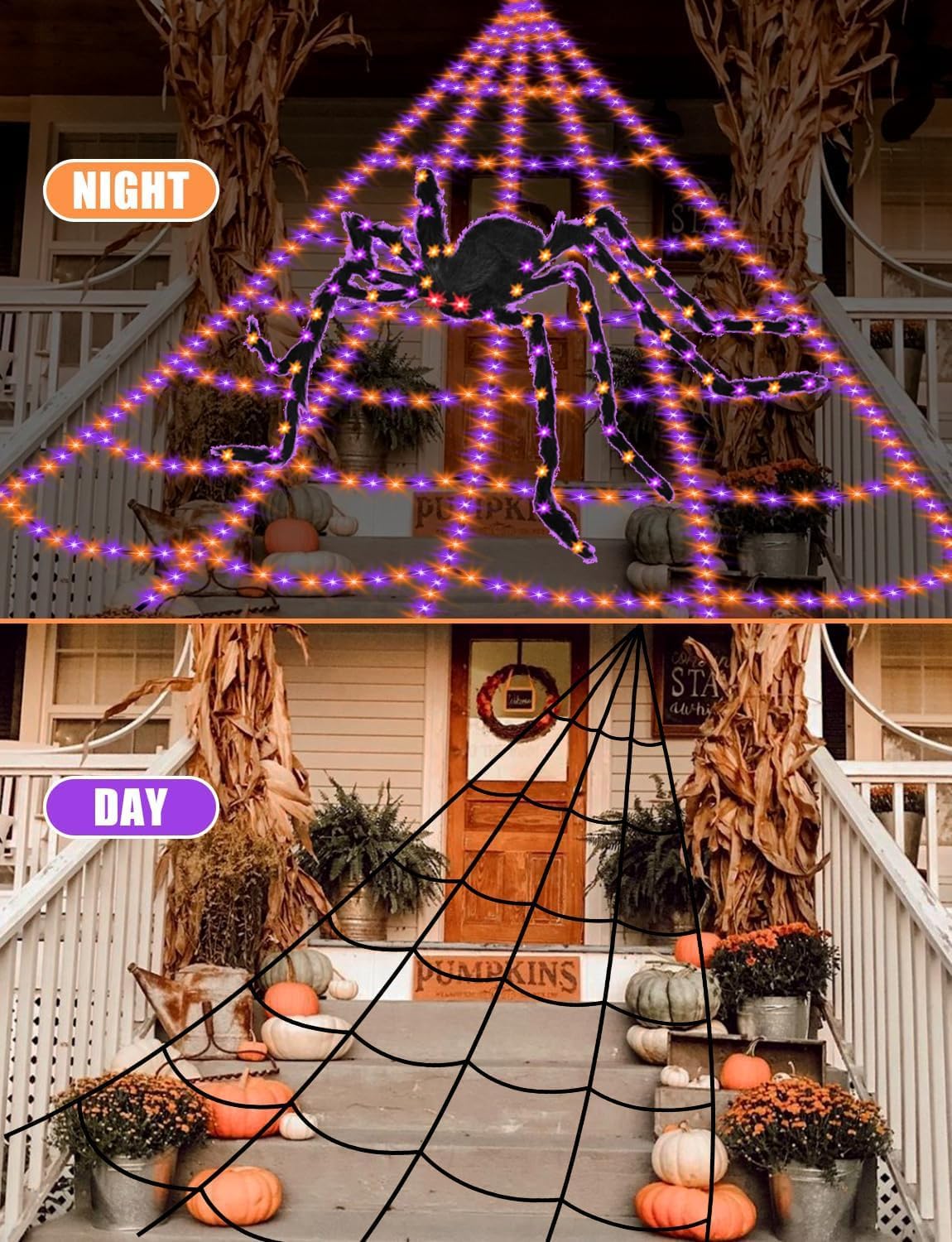 Spider Webs Halloween Decorations Lights - 550 LEDs Outdoor Giant Halloween Decor Lights with16.4ft,4ft Spider,8 Modes,Waterproof&Timer for Yard Porch Garden,Outside Party (with Spider)