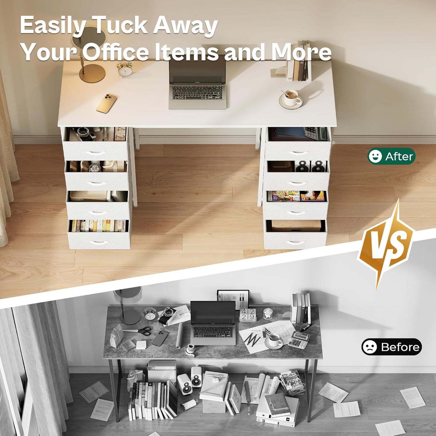 Huuger 47 Inch Vanity Desk with 8 Fabric Drawers, White Desk, Computer Desk with Large Storage, Drawers, for Home Office, Bedroom