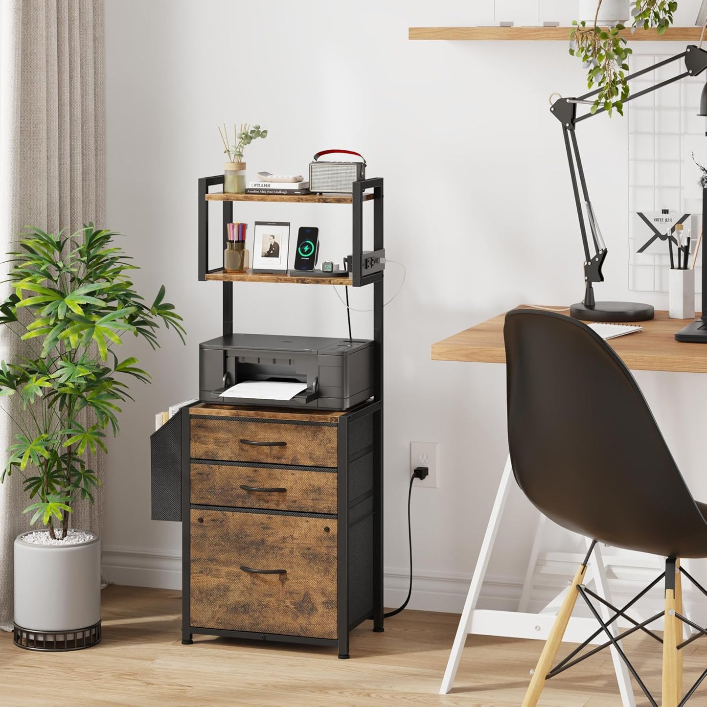 Small 3 Drawer File Cabinet with Charging Station, 45''H, 3-Tier Filing Cabinet for Home Office, 11''*16'' for Small Printer, Fabric Drawer Fits Letter/A4, Tall Printer Stand, Rustic Brown