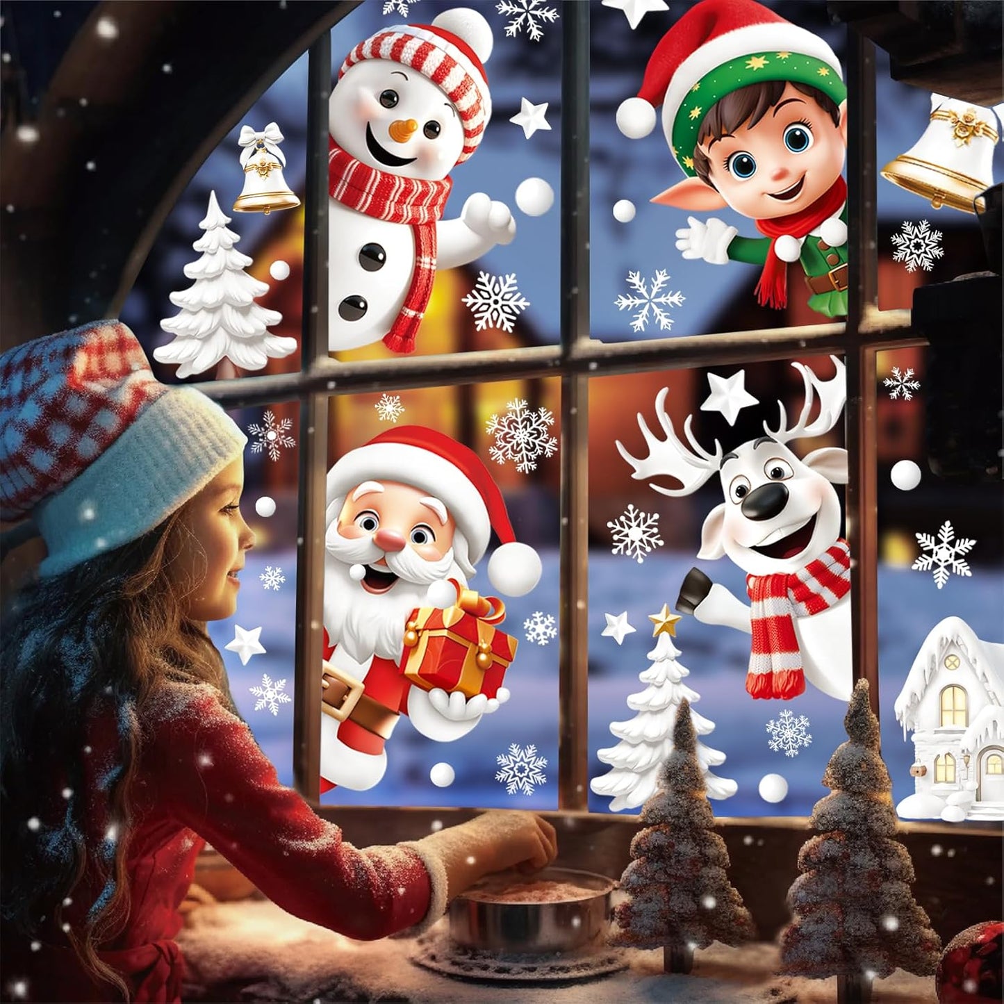 Natonhi 155pcs Christmas Window Clings for Glass, 9 Sheet Christmas Window Decorations Snowflake Santa Reindeer Snowman Stickers for Wtiner Holiday Indoor Windows Decorations Decals