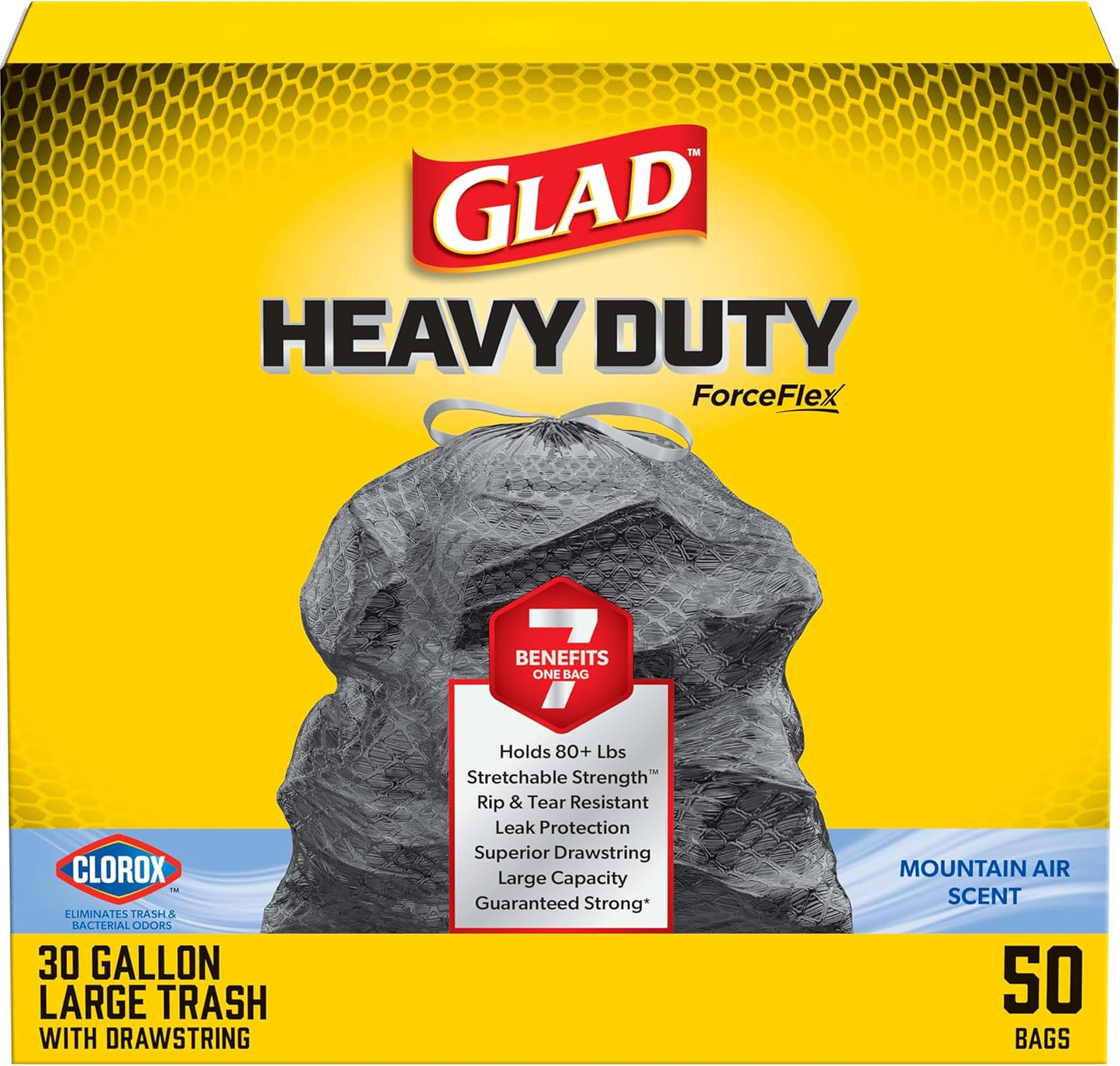 Glad ForceFlex Heavy Duty Trash Bags With Clorox, Mountain Air, 30 Gal, 50 Ct (Package May Vary)