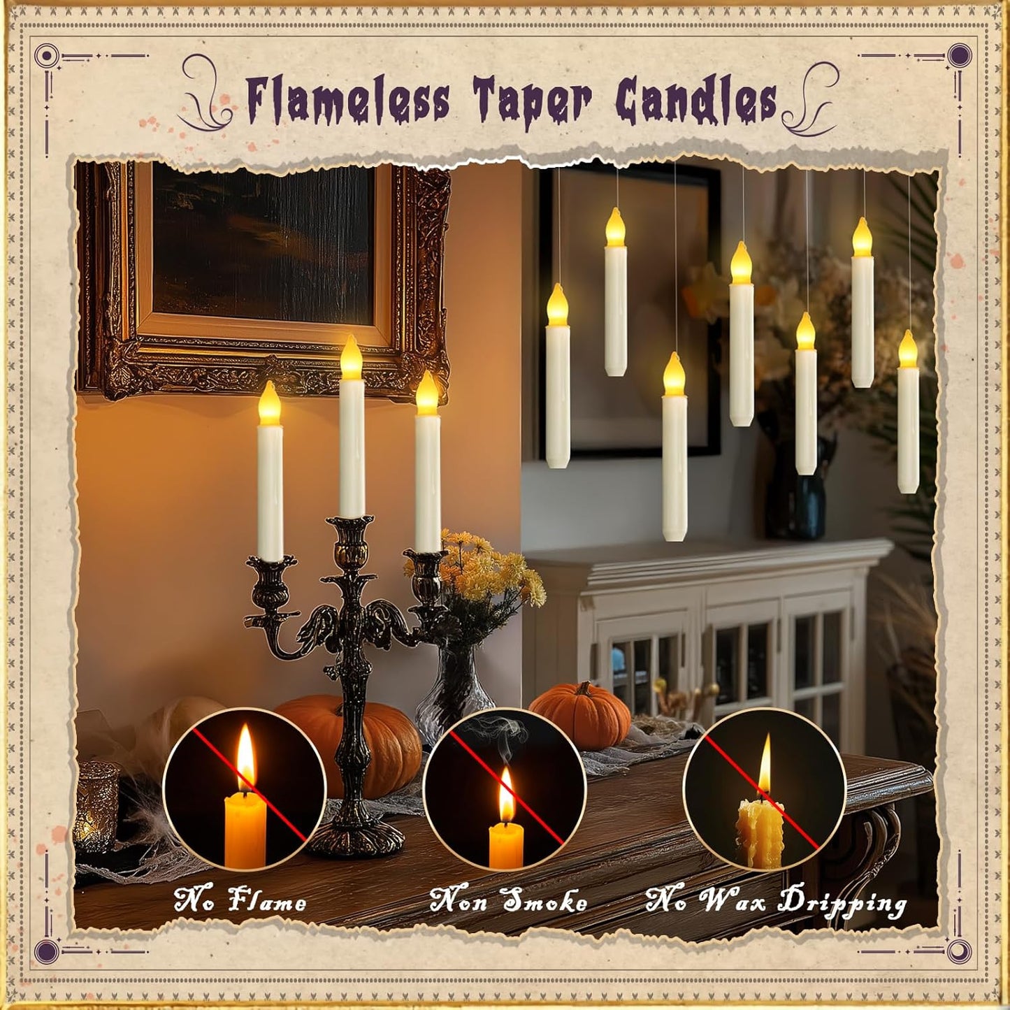 Homemory Floating Candle with Wand Remote, 12 Pcs Magical Candlesticks Witch Decors, Warm Yellow Flameless Taper Candles Battery Operated, LED Window Candle for Halloween Party Decor