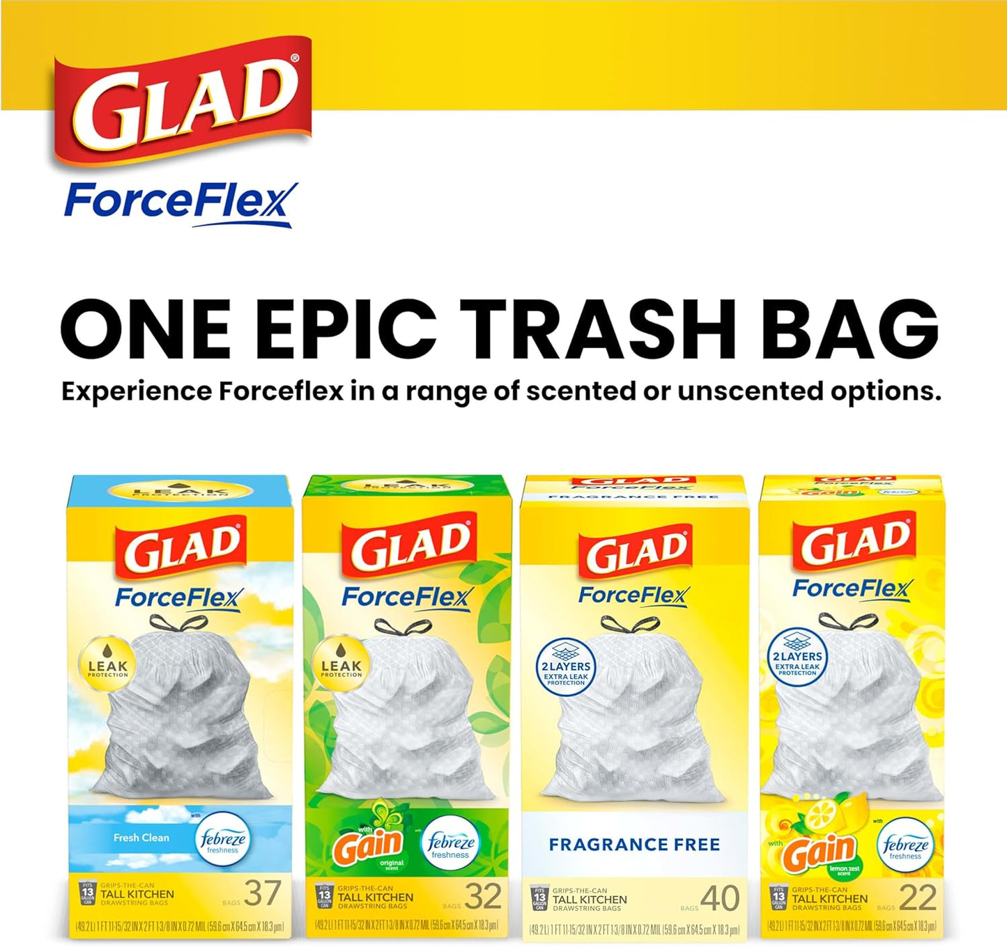 Glad ForceFlex Tall Kitchen Trash Bags, 13 Gal, Fragrance Free, 110 Ct (Package May Vary)