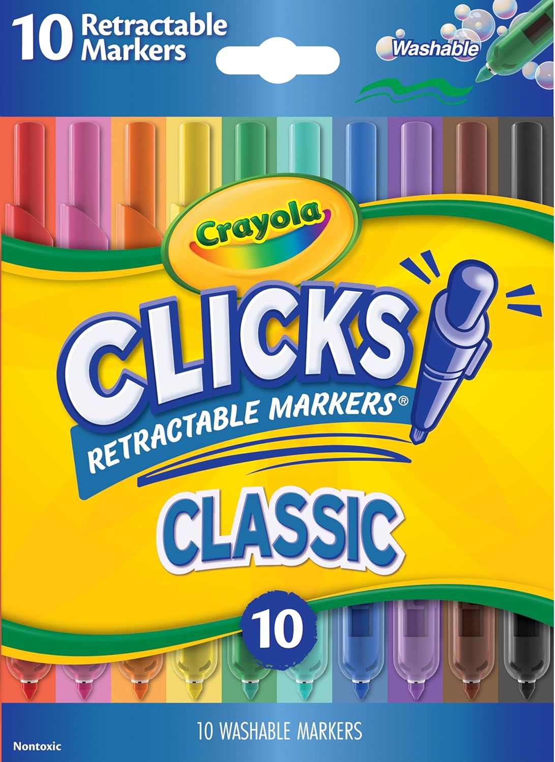 Crayola Clicks Retractable Tip Markers (10ct), Stocking Stuffers for Kids & Toddlers, Cone Tip Washable Art Marker Set, Coloring Book Supplies, No Dry, 3+
