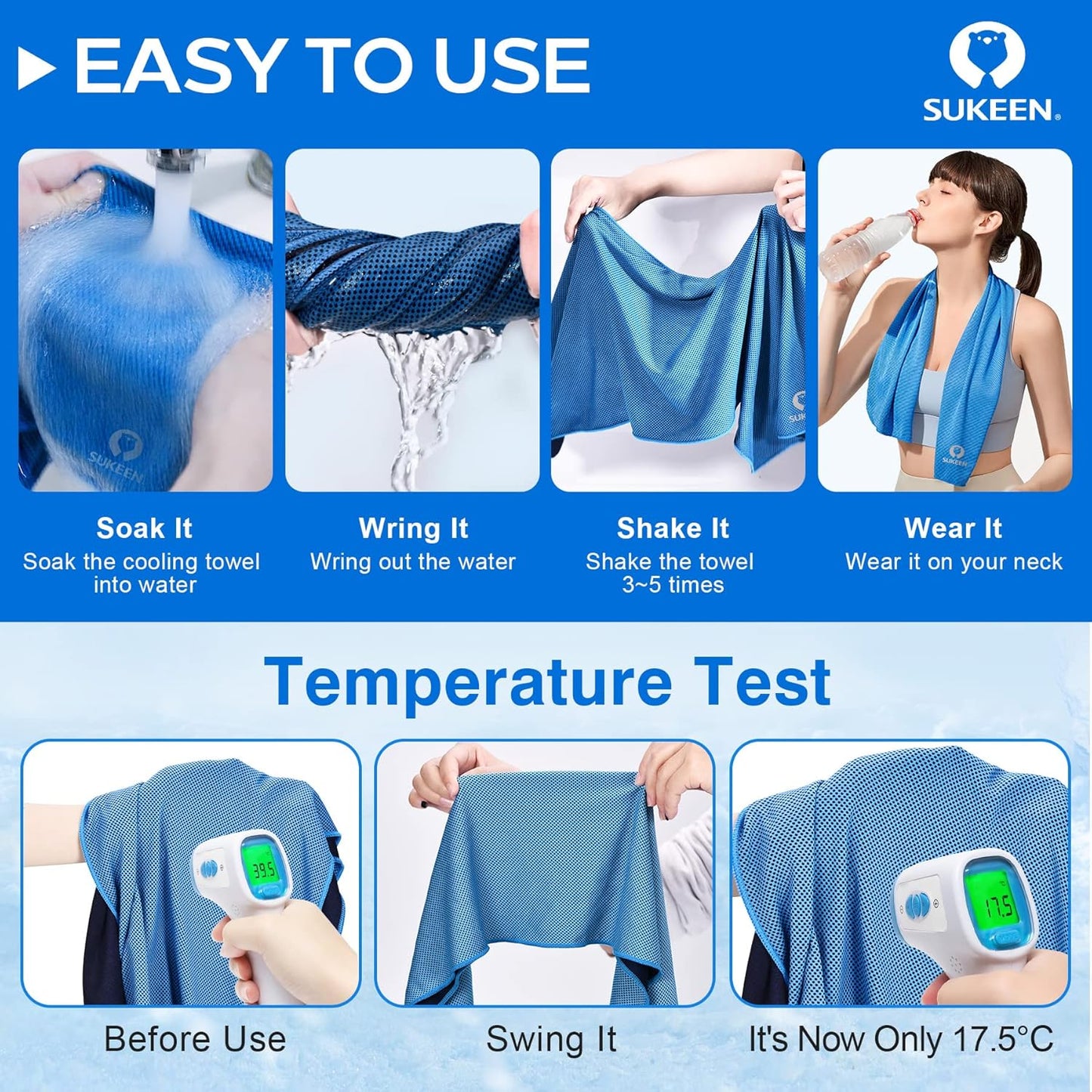Sukeen 4-Pack Cooling Towels (40"x12") – Instant Relief for Sports, Gym, Workout & Outdoor Activities – Soft, Reusable, Breathable Microfiber with Carry Pouches