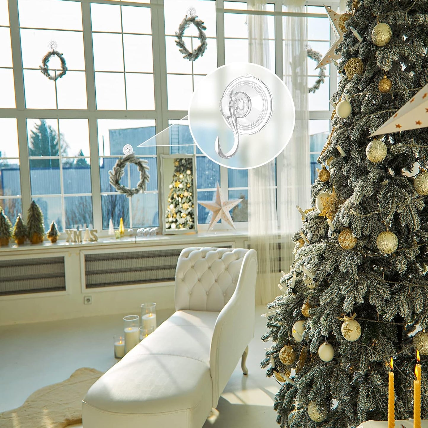 VIS'V Wreath Hanger, Large Suction Cup Wreath Hooks with Wipes, Heavy Duty, 22 LB Capacity, Removable and Reusable, Clear, 2 Pcs