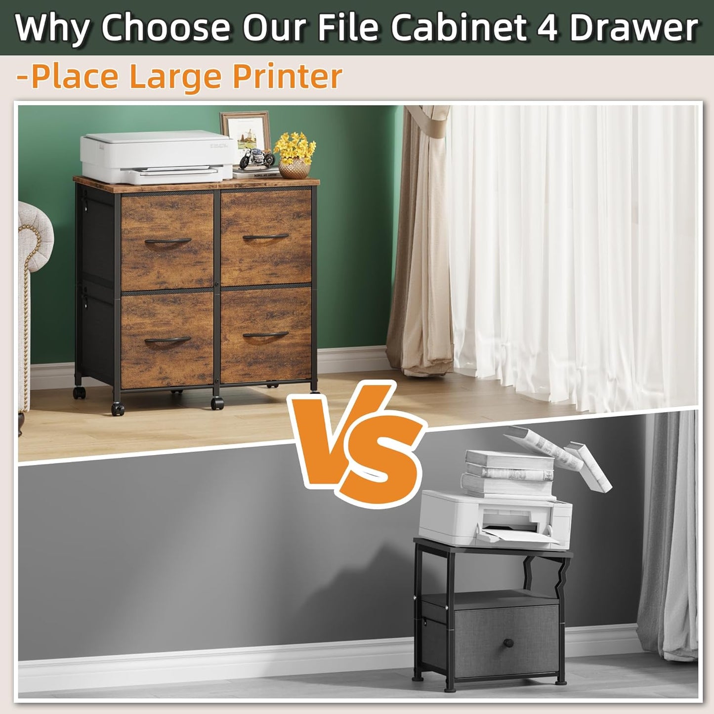 4 Drawer Lateral File Cabinet, Mobile Filing Cabinet for Large Printer, Home Office Functional Small Office Storage Cabinet & Printer Stand, Fits Letter/A4, Rustic Brown