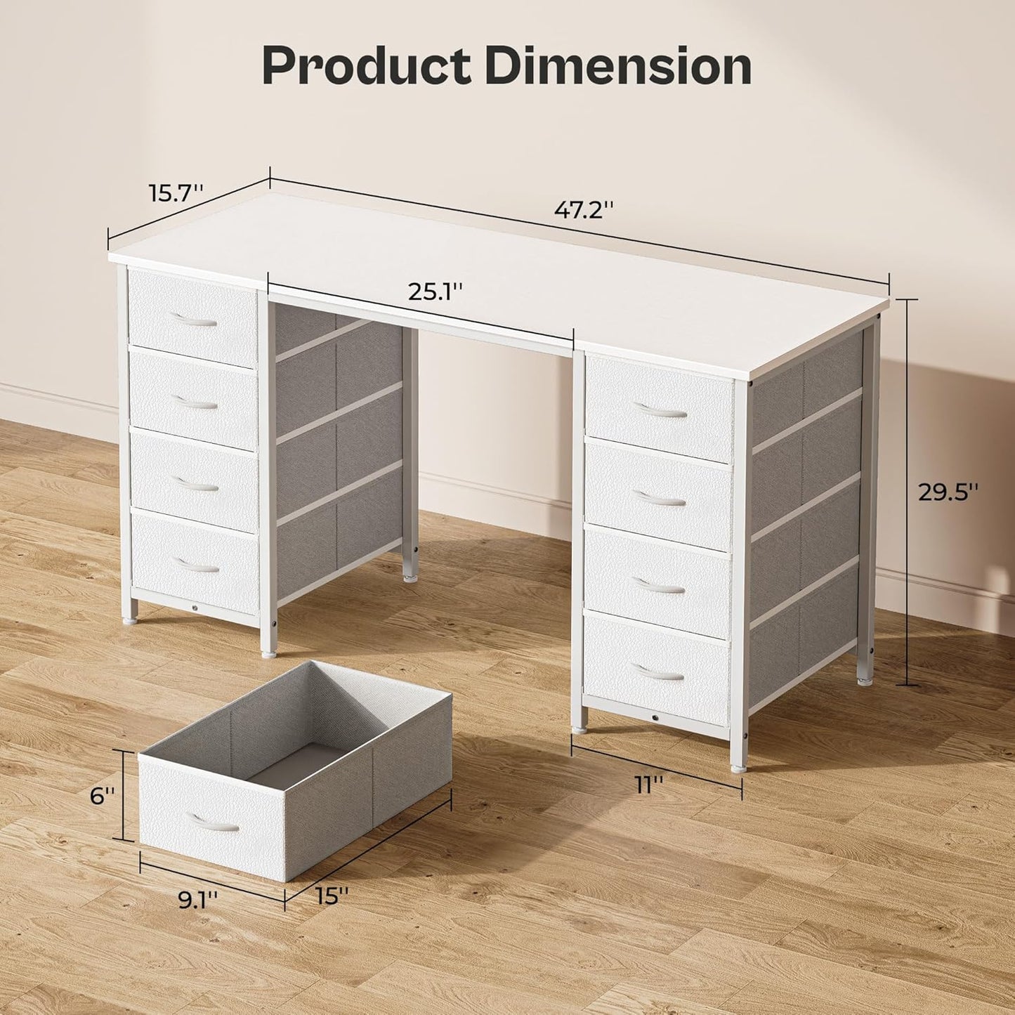 Huuger 47 Inch Vanity Desk with 8 Fabric Drawers, White Desk, Computer Desk with Large Storage, Drawers, for Home Office, Bedroom