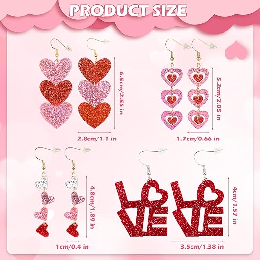 4 Pairs Valentine's Earrings for Women Love Heart Dangle Earrings Valentines Gifts for Wedding Decoration Valentine's Jewelry