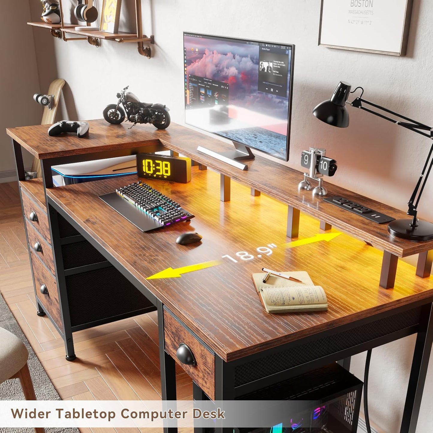 Furologee 60" Computer Desk with 4 Drawers and Printer Space, Gaming Desk with LED Lights and USB Power Outlets, Office Desk with Fabric File Cabinet, Work Table with Shelf for Bedroom, Rustic Brown