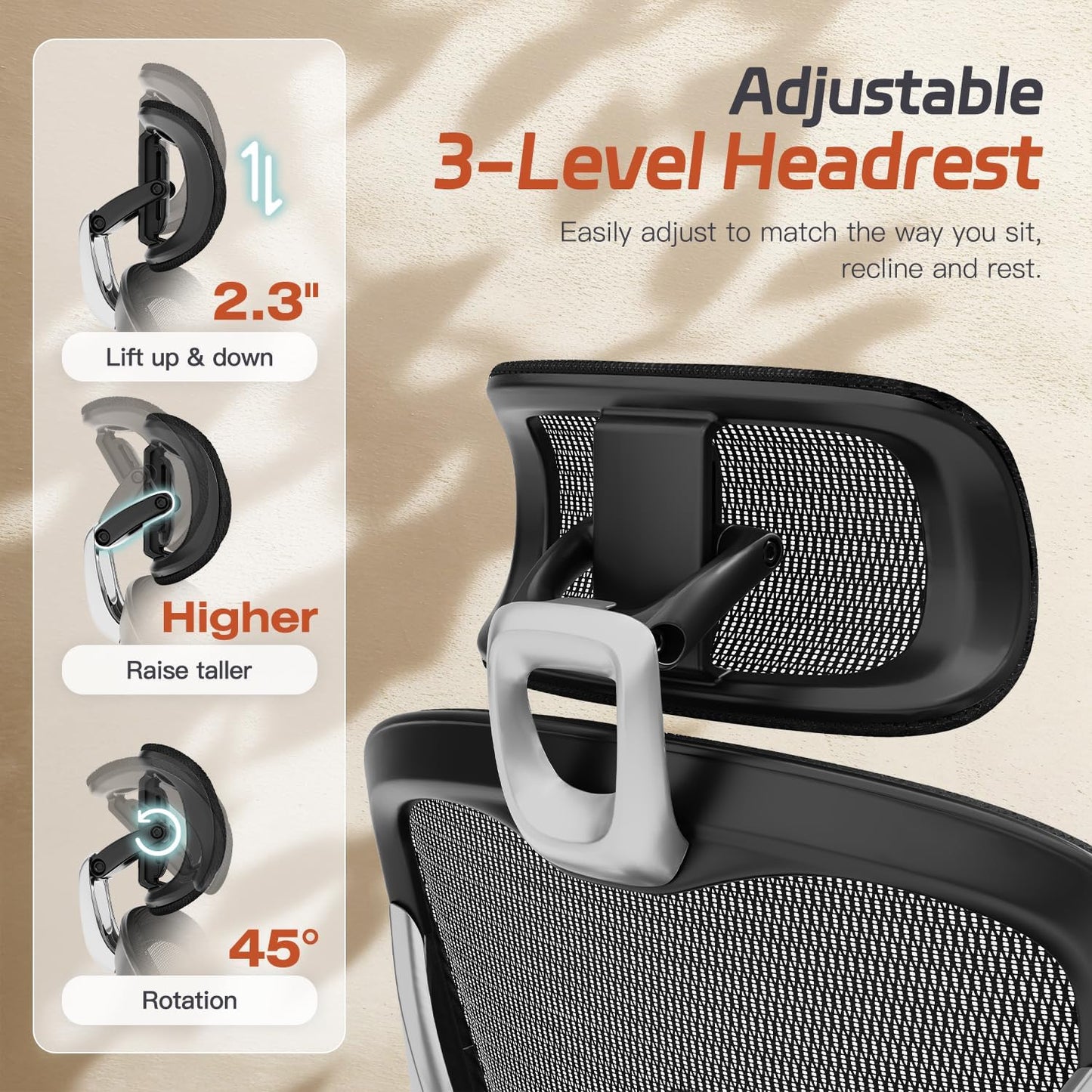 Ergonomic Office Chair, Mesh Desk Chair with Footrest, Adjustable Lumbar Support, 3D Armrest & Large Headrest, 3-Gear Tilt Recline, Stable Swivel Computer Gaming Chairs for Man Woman