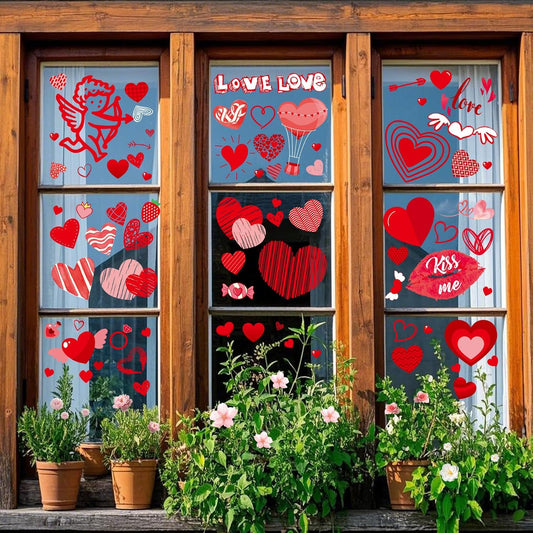 Valentines Day Decorations, 9 Sheets Valentine Window Clings Decor, Red Heart Stickers for Home, Office, Classroom, Romantic Cupid Decals Décor