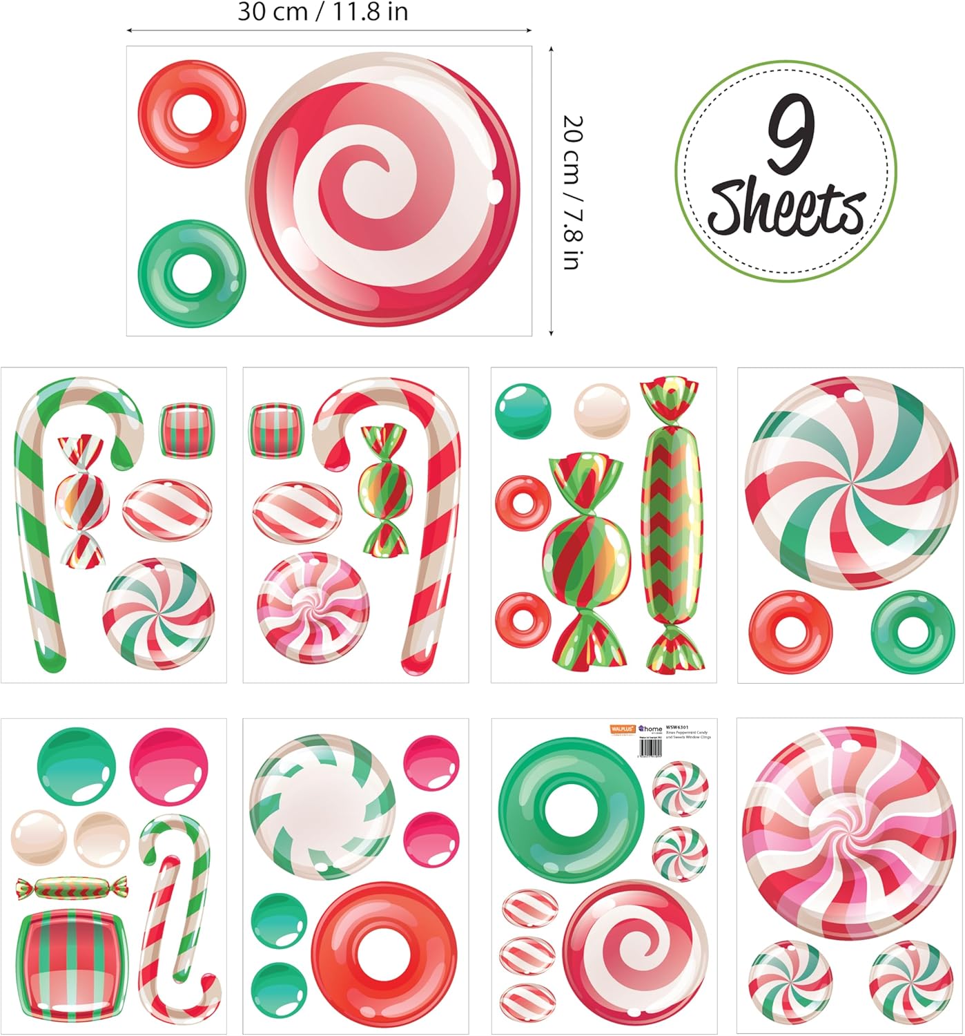 WALPLUS Christmas Window Clings Christmas Decorations Clearance Christmas Wall Sticker Double-Sided Reusable Peel and Stick Removable for Glass Living Room Xmas Peppermint Candy and Sweets 46 Pieces