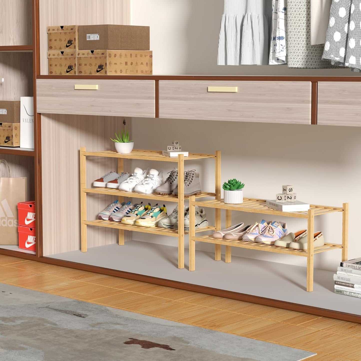 3-Tier Bamboo Shoe Rack Organizer for Entryway & Closet – Stackable Freestanding Shoe Shelf, Eco-Friendly