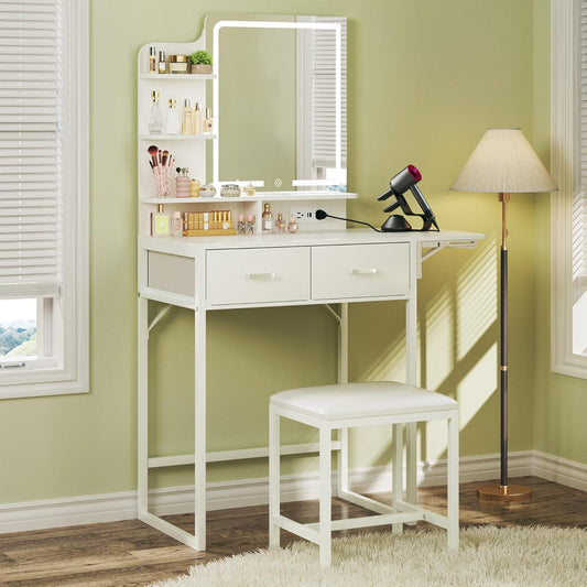 Small Vanity Desk with Mirror and Lights, Makeup Vanity with Fabric Storage Drawer, Chair and Three Shelves, White Vanity with Power Outlet and Fold-up Panel, Bedroom