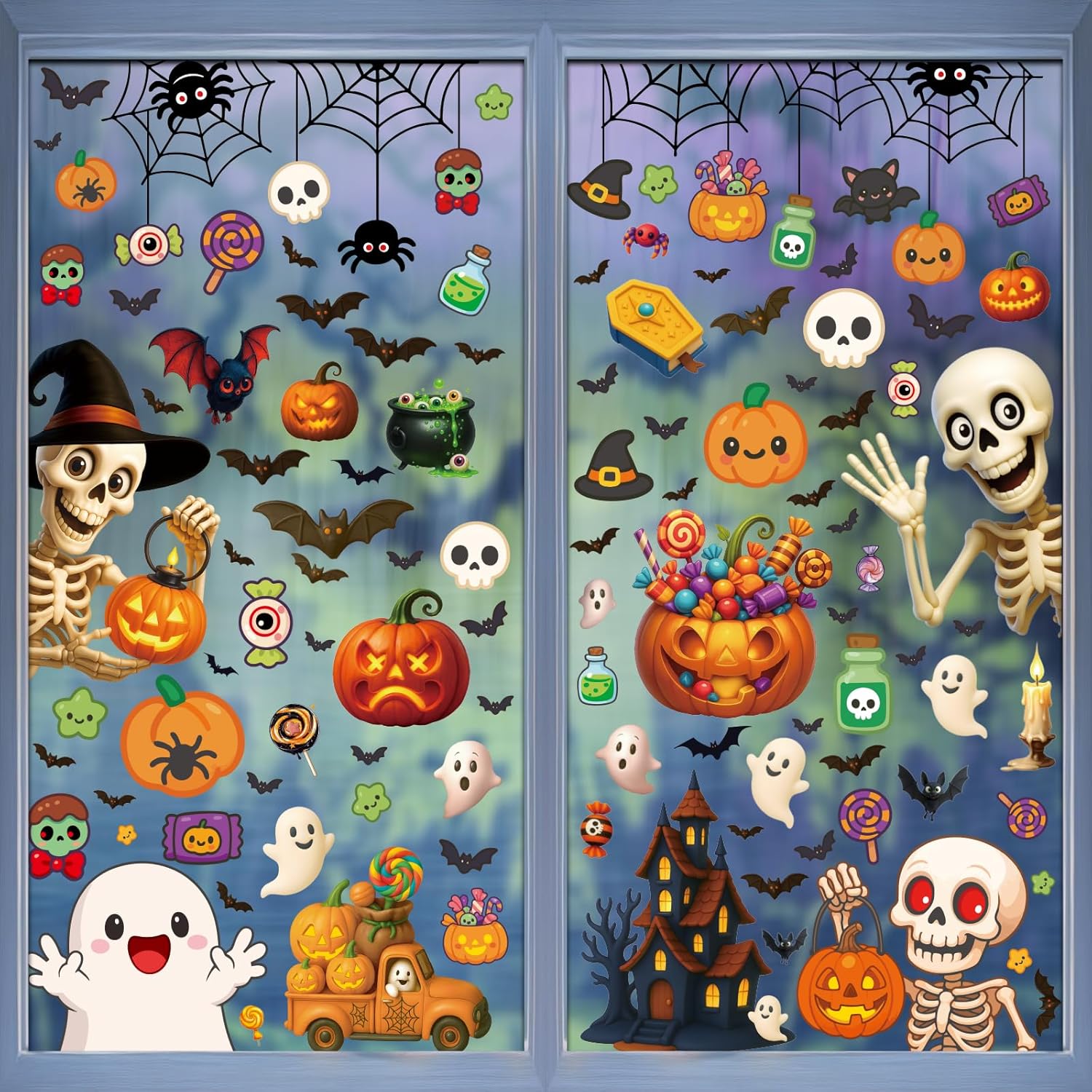 120 Pcs Halloween Window Clings Stickers– 9 Sheets Halloween Decorations, Double-Sided Window Stickers with Pumpkins Skeletons, Removable Glass Decals for Indoor Outdoor Trick or Treat Parties