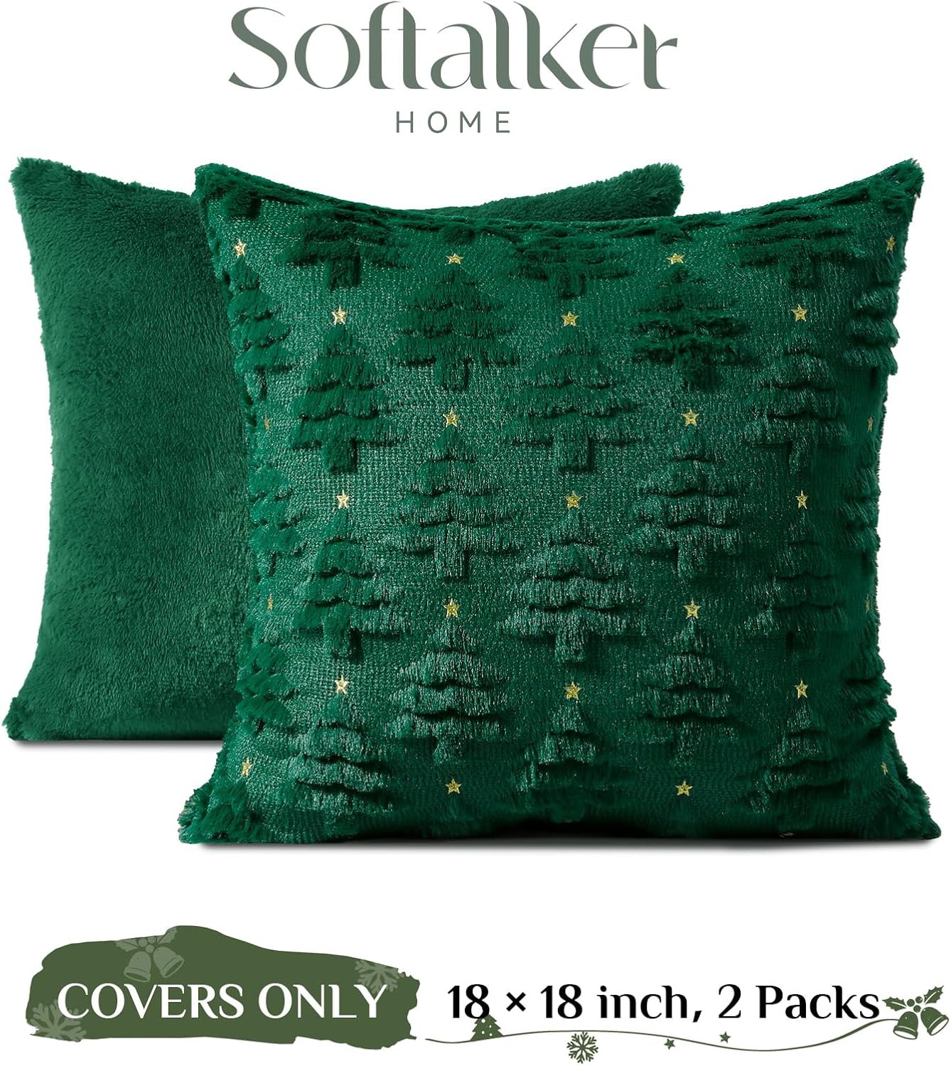 Softalker Christmas Throw Pillow Covers 18 x 18 Inch Set of 2, Xmas Winter Christmas Tree Faux Fur Cushion Covers, 3D Embroidered Pillow Cases for Couch Bedroom Living Room Decor, Green