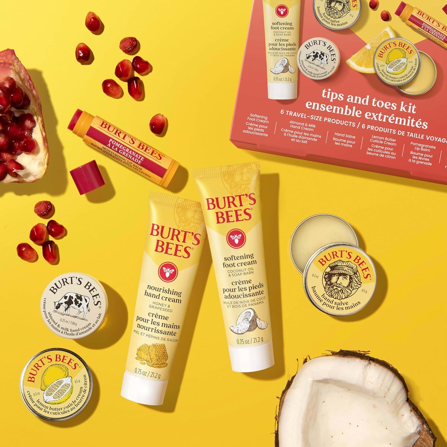Burt's Bees Gifts Ideas, Tips and Toes Kit, 6 Travel Size Products - Pomegranate Moisturizing Lip Balm, 2 Hand Creams, Foot Cream, Cuticle Cream, and Hand Salve