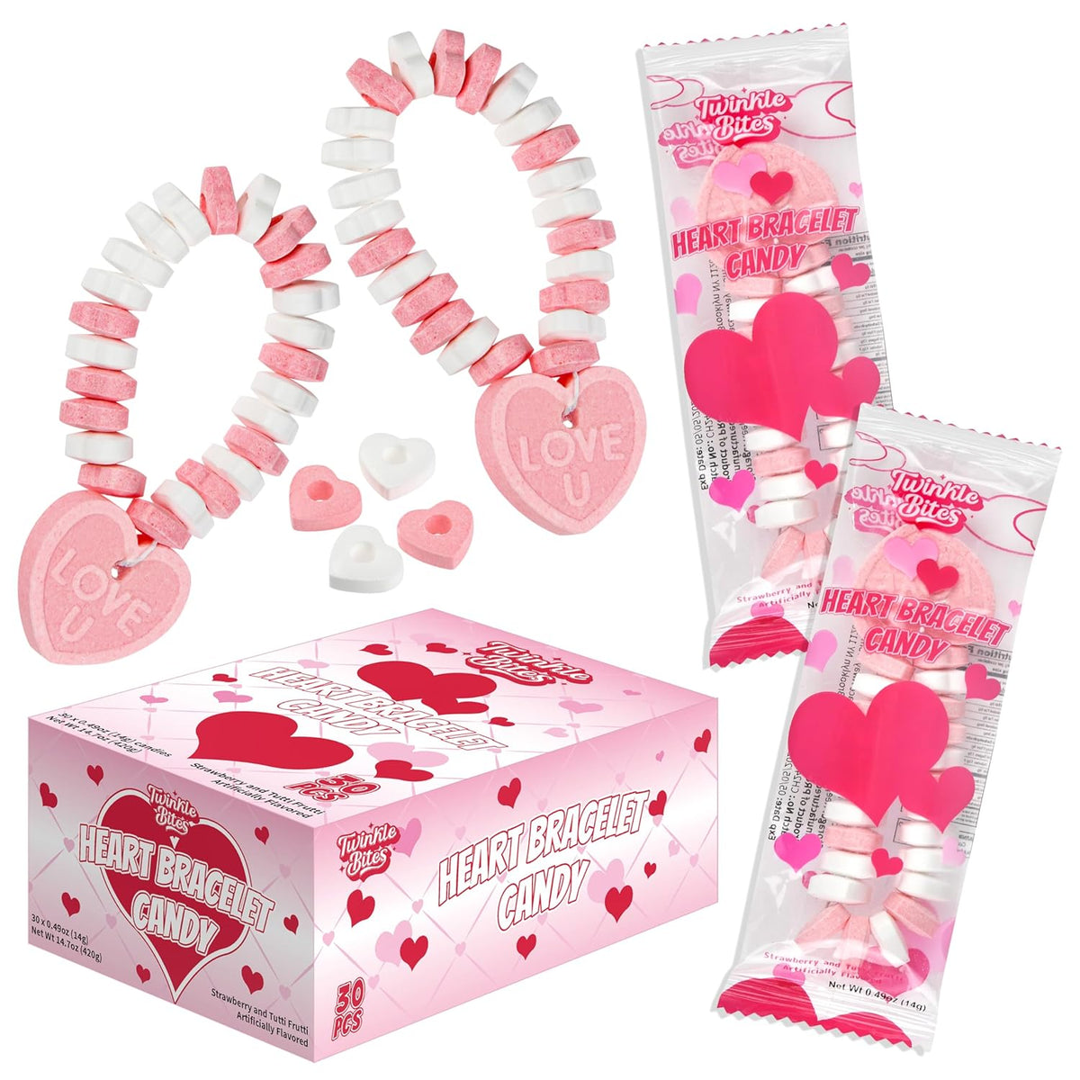 30 Pack Valentines Day Bracelet Candy – Individually Wrapped Holiday Themed Love Heart Candies – Strawberry, Tutti Frutti Delicious Flavors – Bulk Valentine Candy's Great Use, For Kids, Party Favor, Classrooms Partys, Goodie Bags