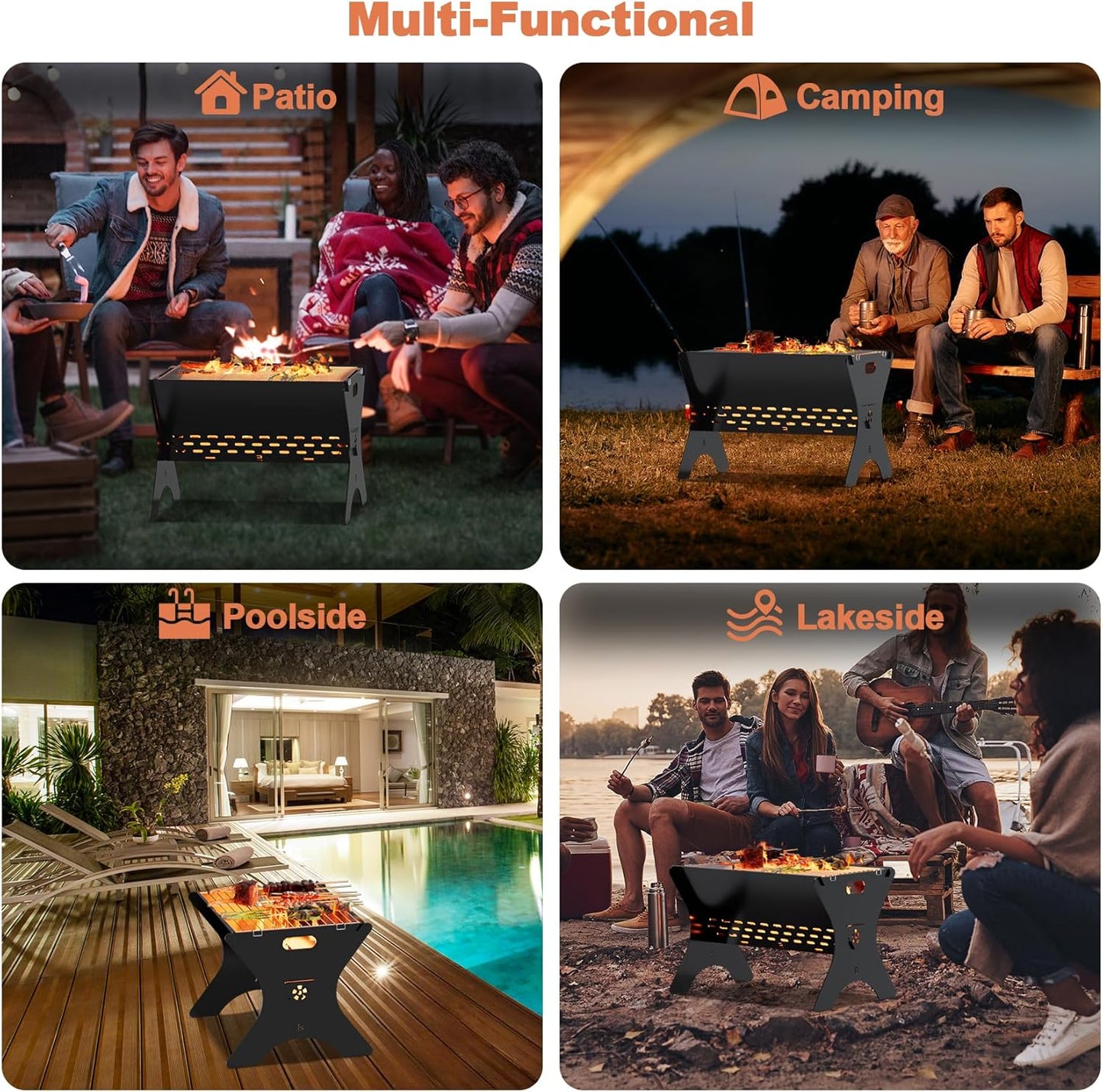 Camping Campfire Grill, 16"Lx12"D Portable Folding Charcoal Grills, Backpacking BBQ Grill with Carry Bag, Outdoor Fire pit for Camping, Picnic, Bonfire, Patio, Backyard